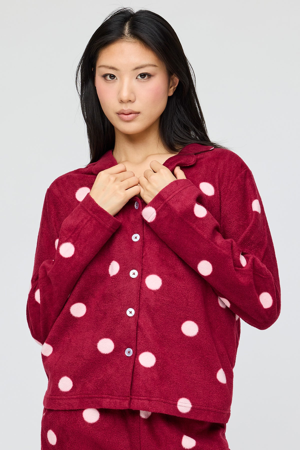 Alt View 2. Plush Button-Up Top & Pant Pajama Set - Burgundy