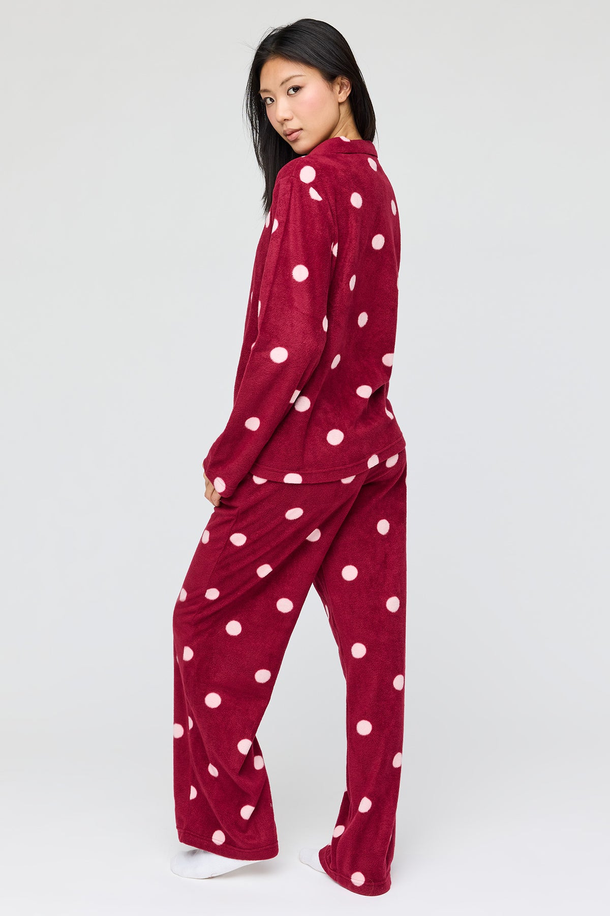 Alt View 4. Plush Button-Up Top & Pant Pajama Set - Burgundy