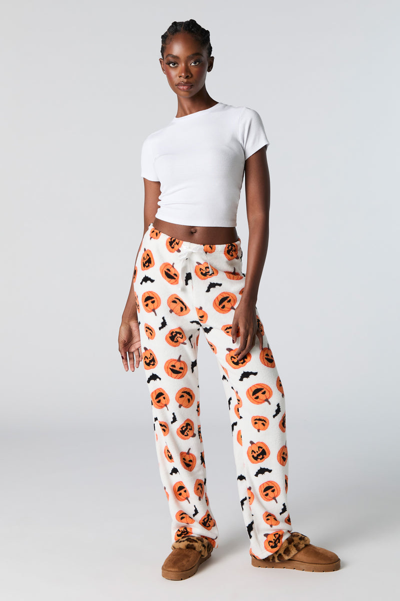 Halloween Printed Plush Pajama Pant - White