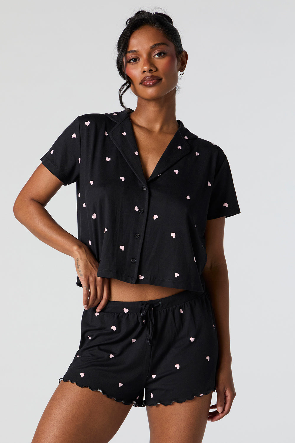 Printed Button-Up Top and Short 2 Piece Pajama Set Printed Button-Up Top and Short 2 Piece Pajama Set 4