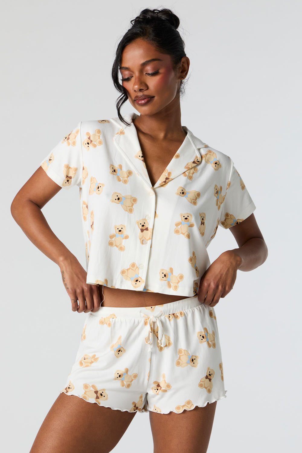 Printed Button-Up Top and Short 2 Piece Pajama Set Printed Button-Up Top and Short 2 Piece Pajama Set 1