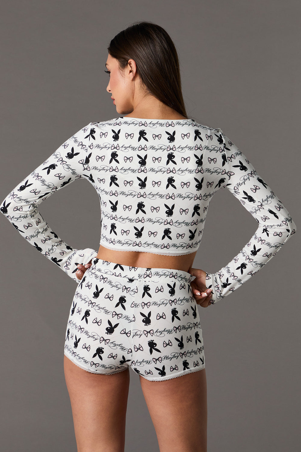 Playboy Long Sleeve Crop Top & Short 2 Piece Pajama Set Playboy Long Sleeve Crop Top & Short 2 Piece Pajama Set 6