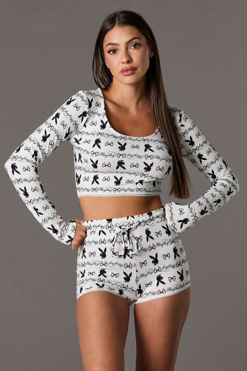 Playboy Long Sleeve Crop Top & Short 2 Piece Pajama Set Playboy Long Sleeve Crop Top & Short 2 Piece Pajama Set 5