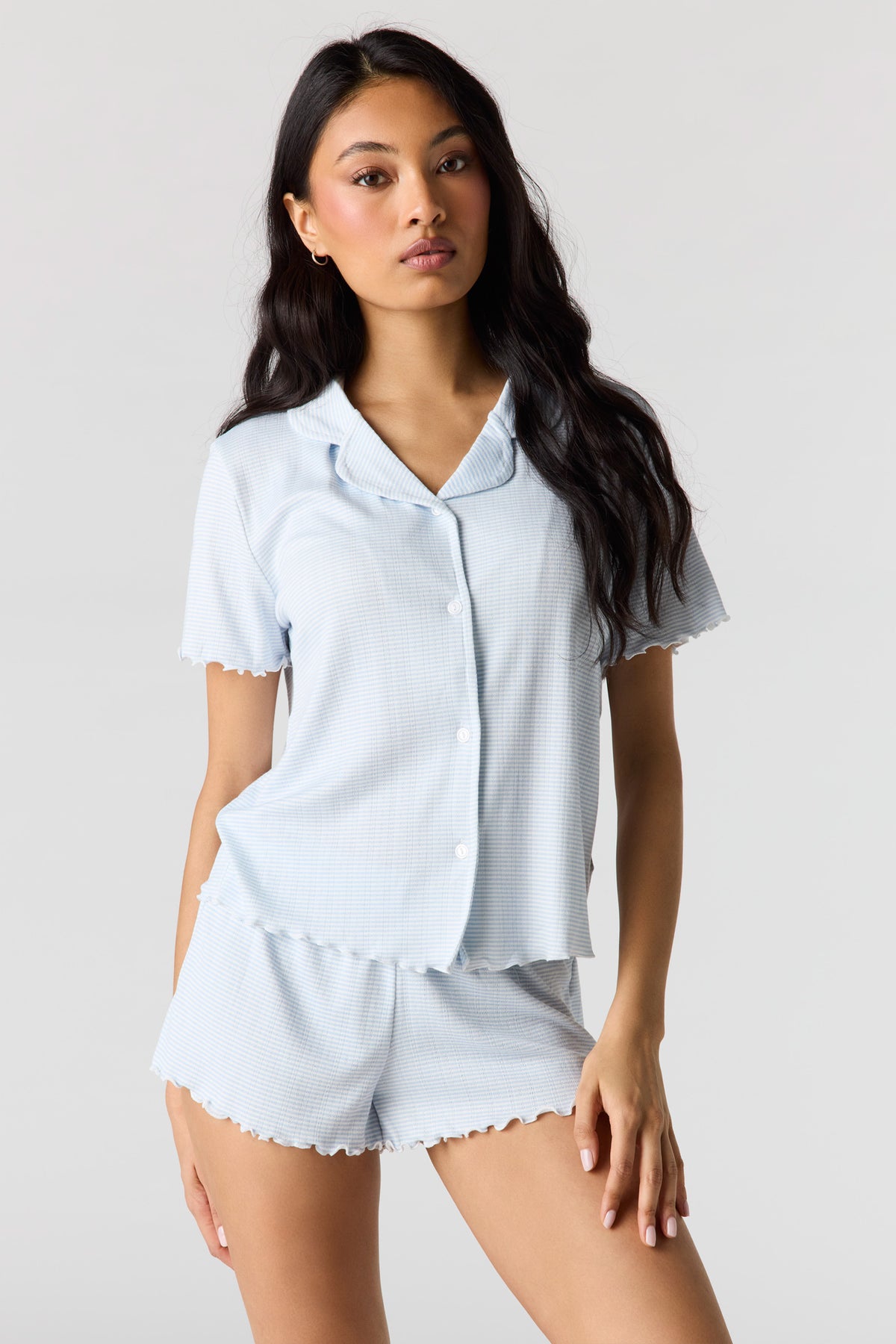 Pointelle Button-Up Top & Short Pajama Set - Light Blue