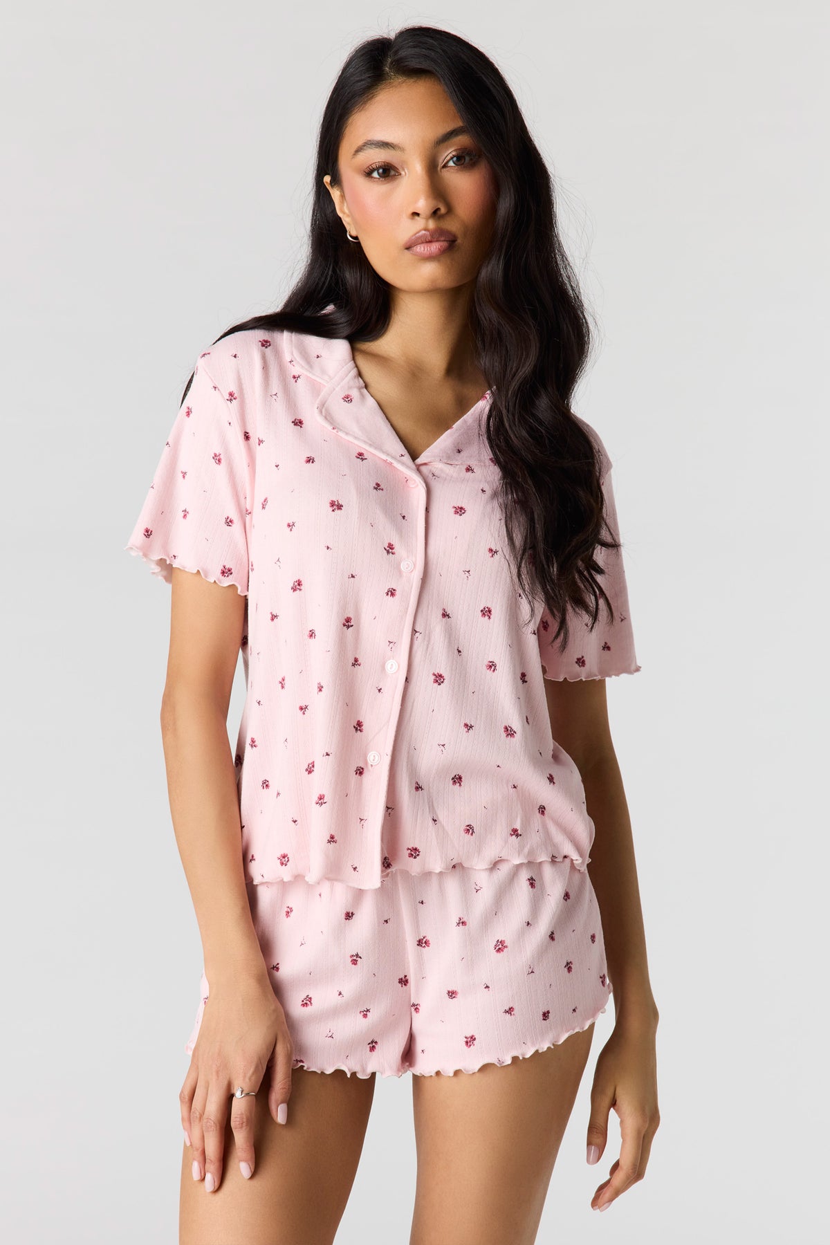 Pointelle Button-Up Top & Short Pajama Set - Pink