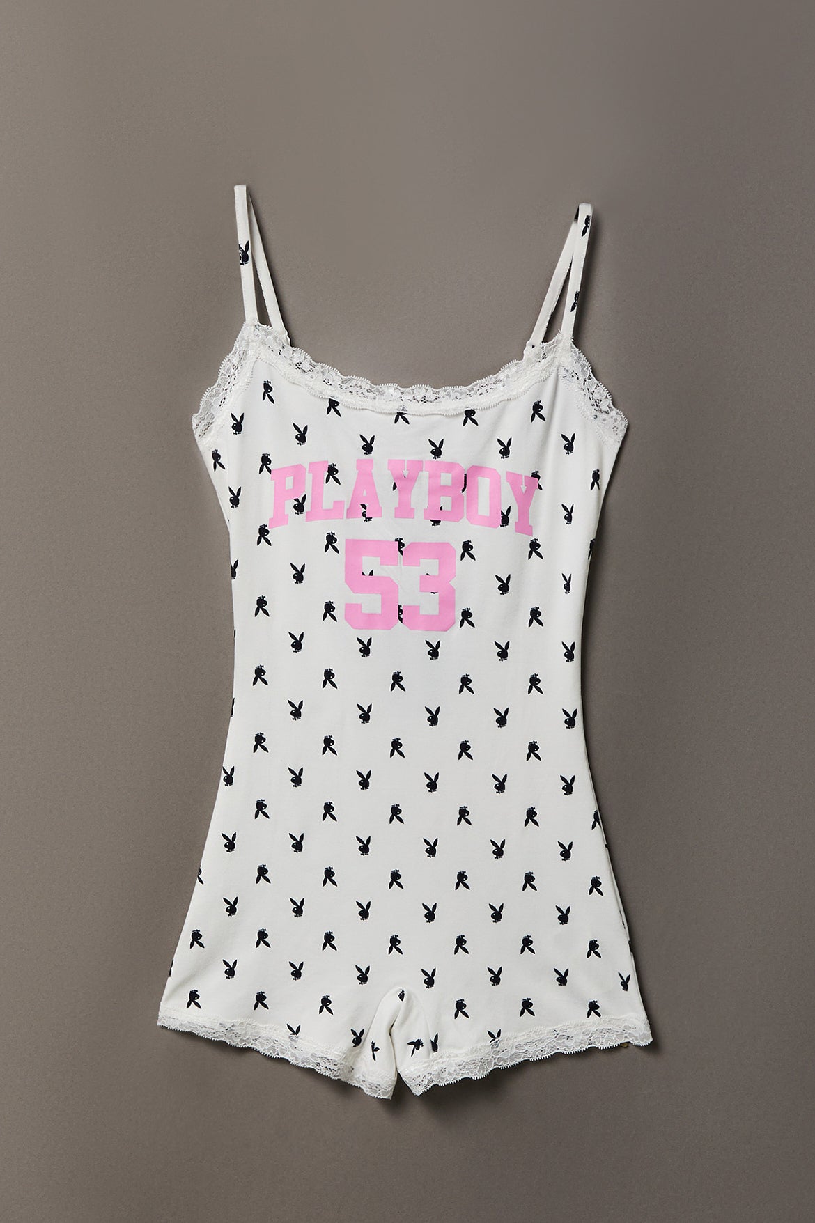 Playboy Graphic Lace Trim Romper - White