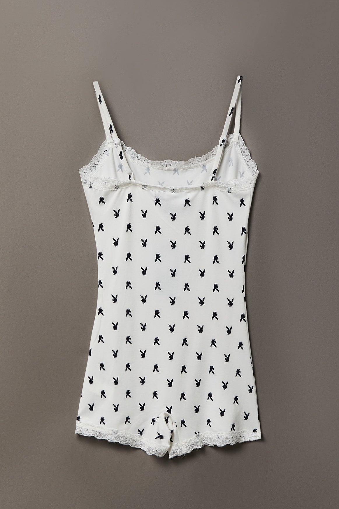 Alt View 2. Playboy Graphic Lace Trim Romper - White