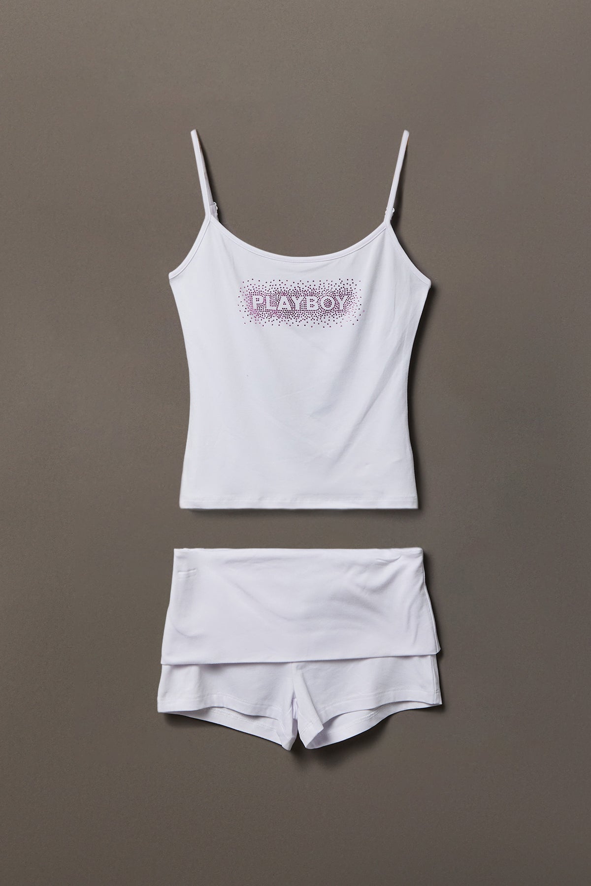 Playboy Rhinestone Tank & Foldover Short Set - White