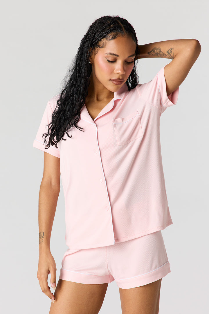 Button-Up Collared Top & Short Pajama Set
