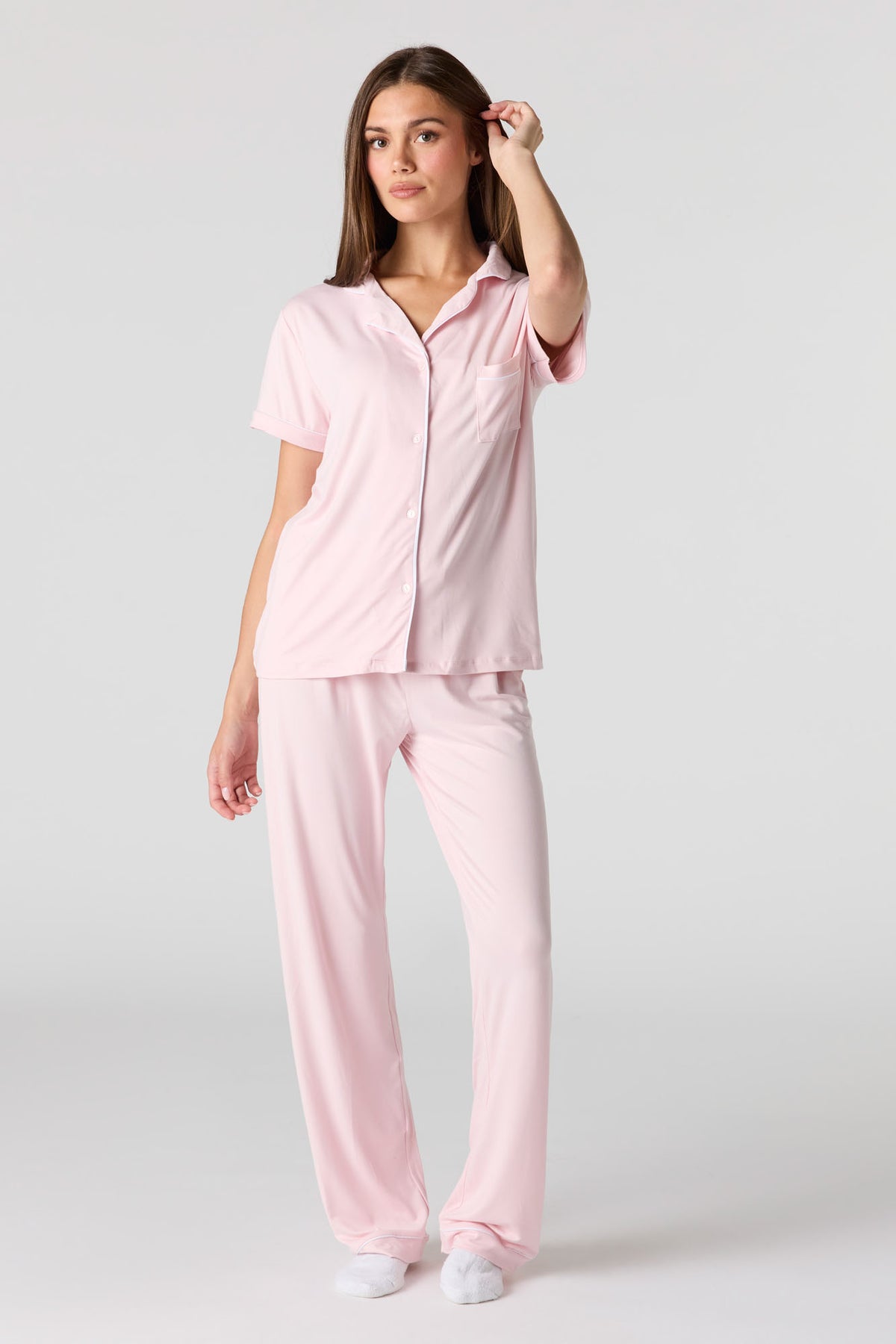 Button-Up Top & Pant Pajama Set - Pink