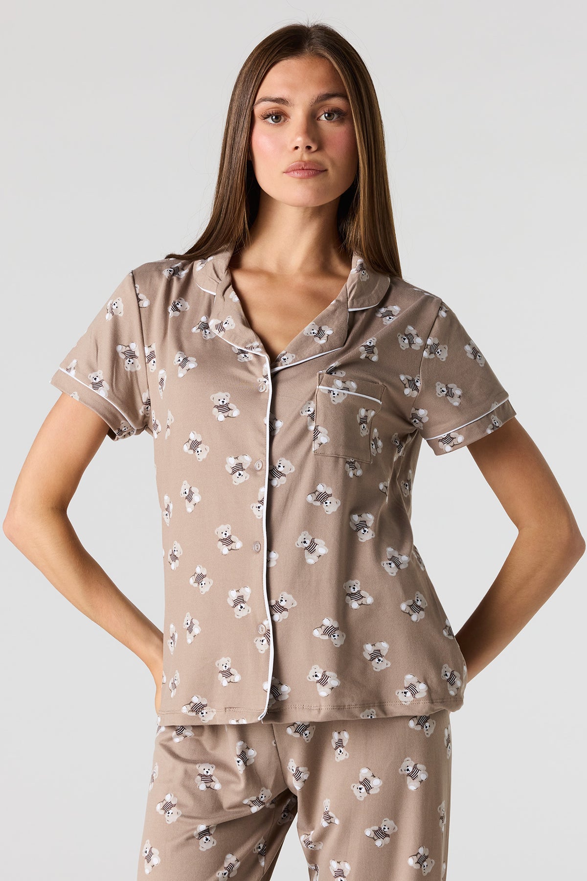Alt View 2. Button-Up Top & Pant Pajama Set - Taupe