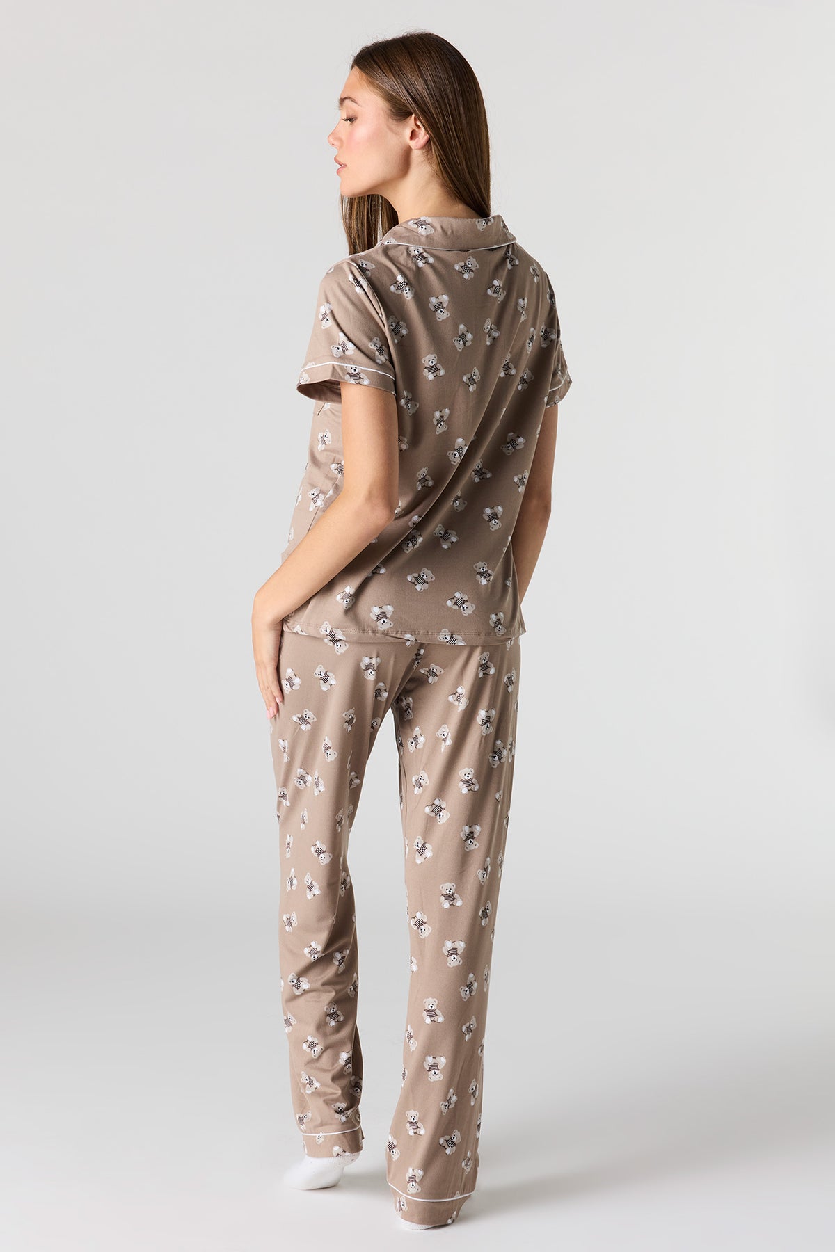 Alt View 4. Button-Up Top & Pant Pajama Set - Taupe