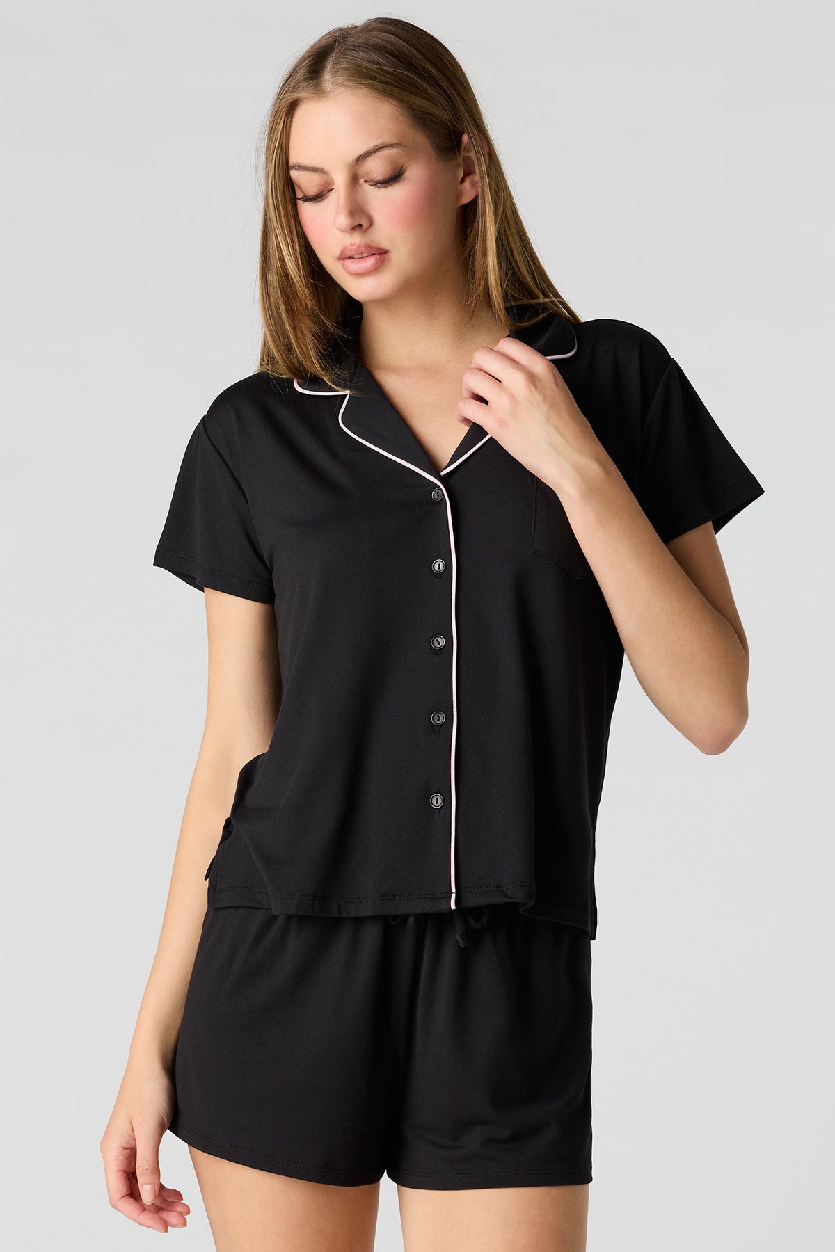 Button-Up Top & Short Pajama Set - Black