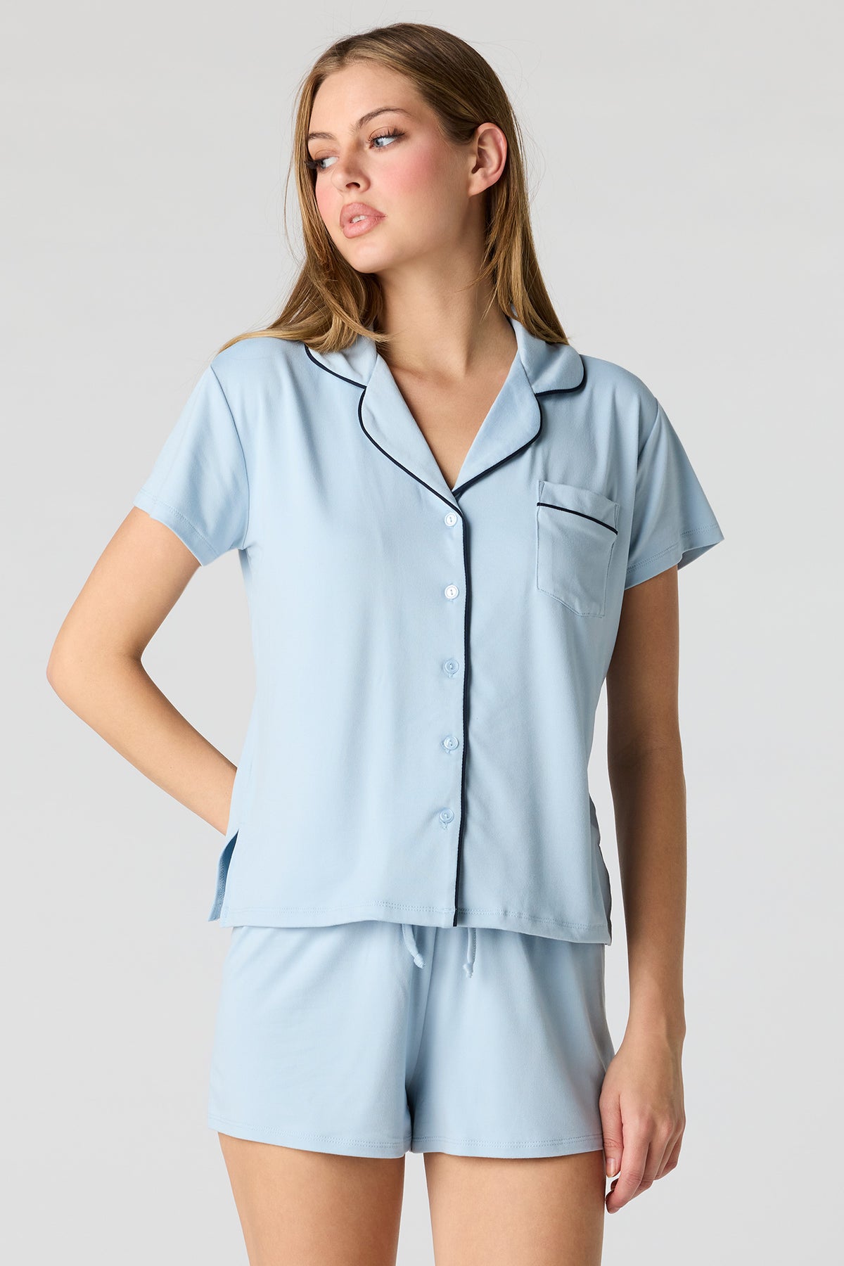 Button-Up Top & Short Pajama Set - Light Blue