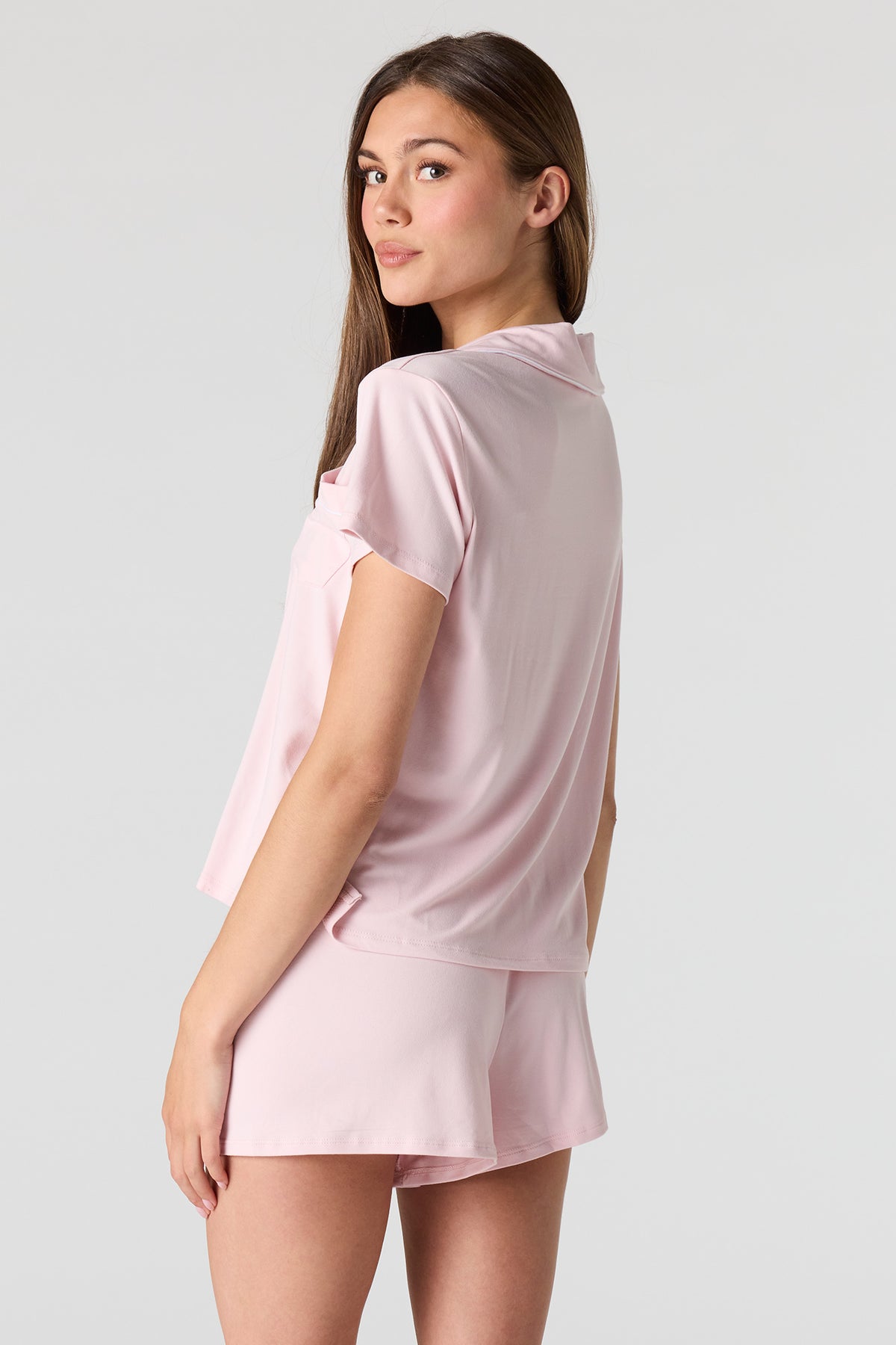Alt View 2. Button-Up Top & Short Pajama Set - Pink