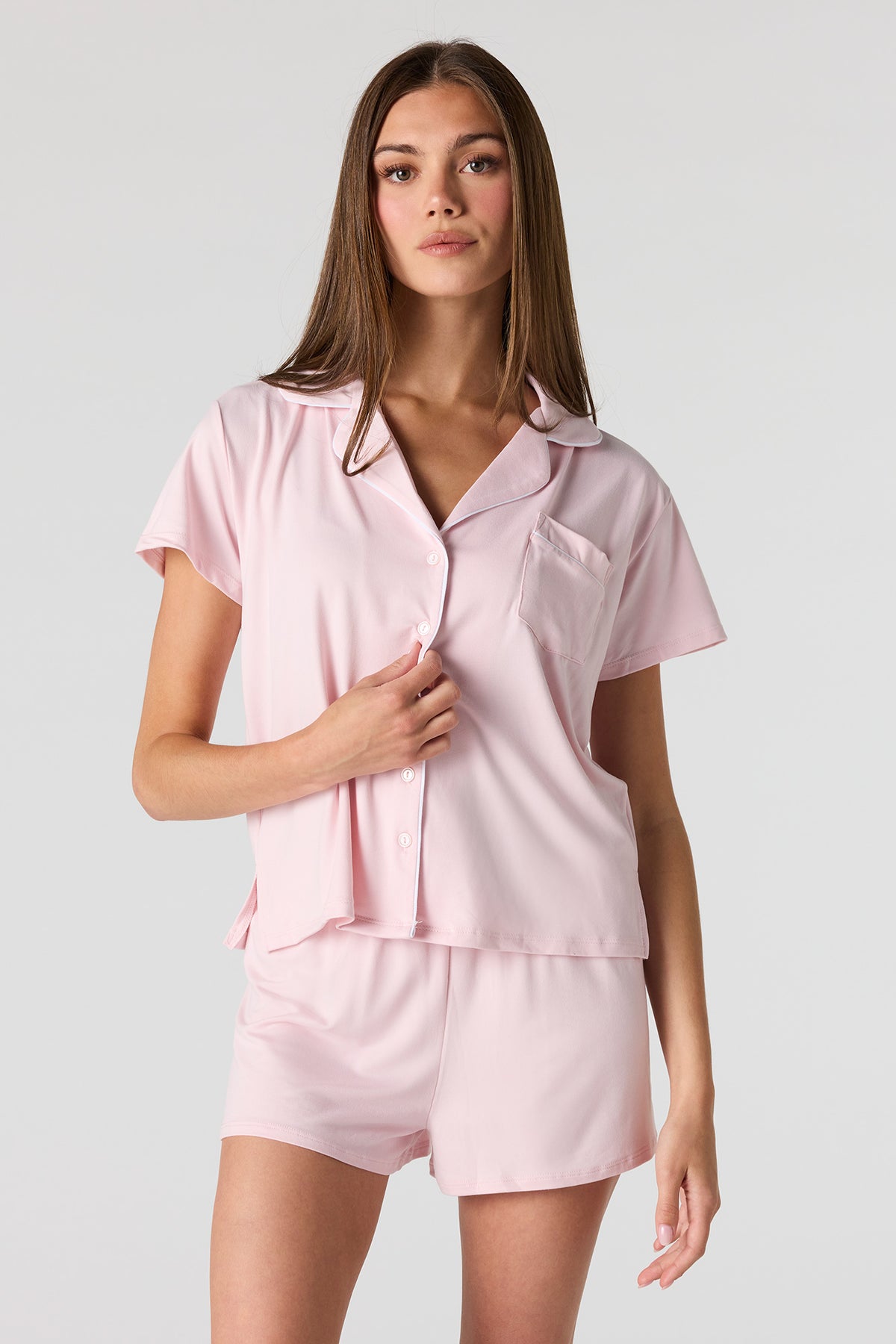 Button-Up Top & Short Pajama Set - Pink