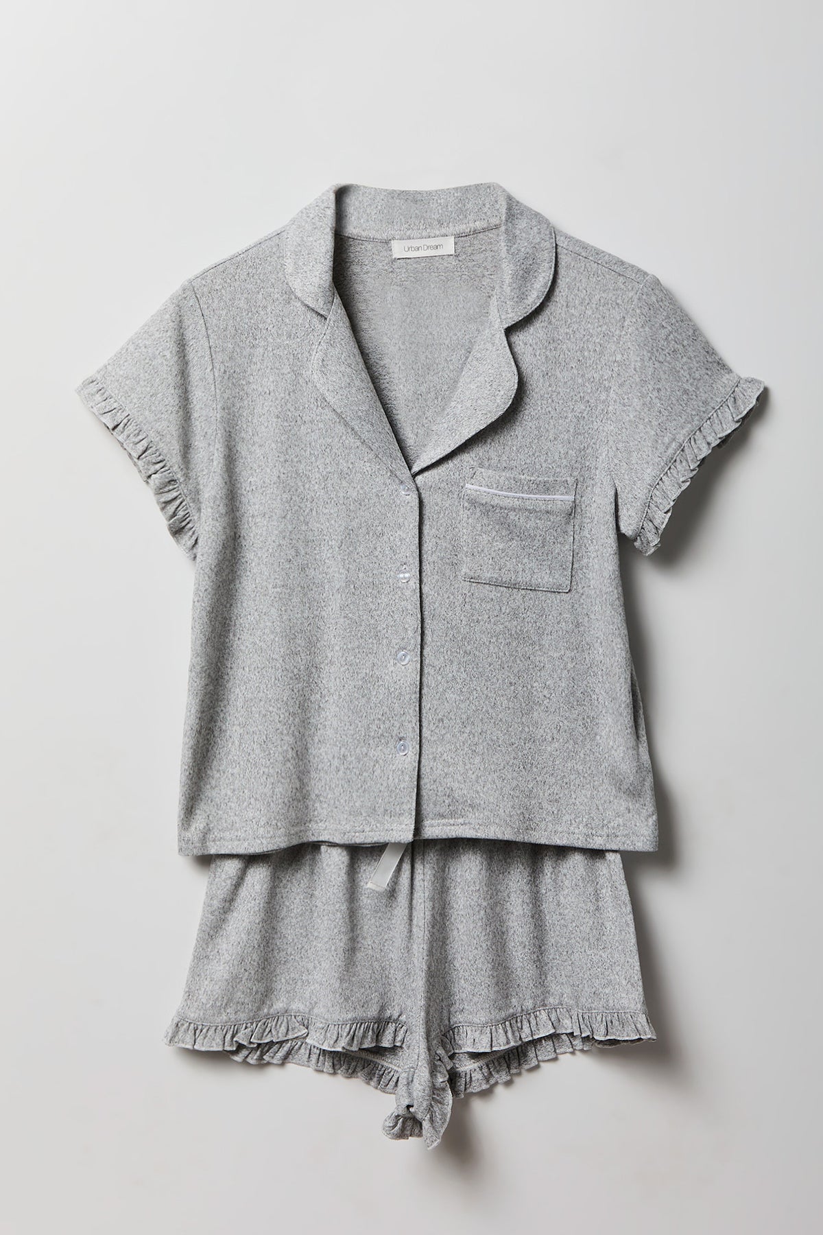 Ruffle Button-Up Top & Short Pajama Set - Heather Grey
