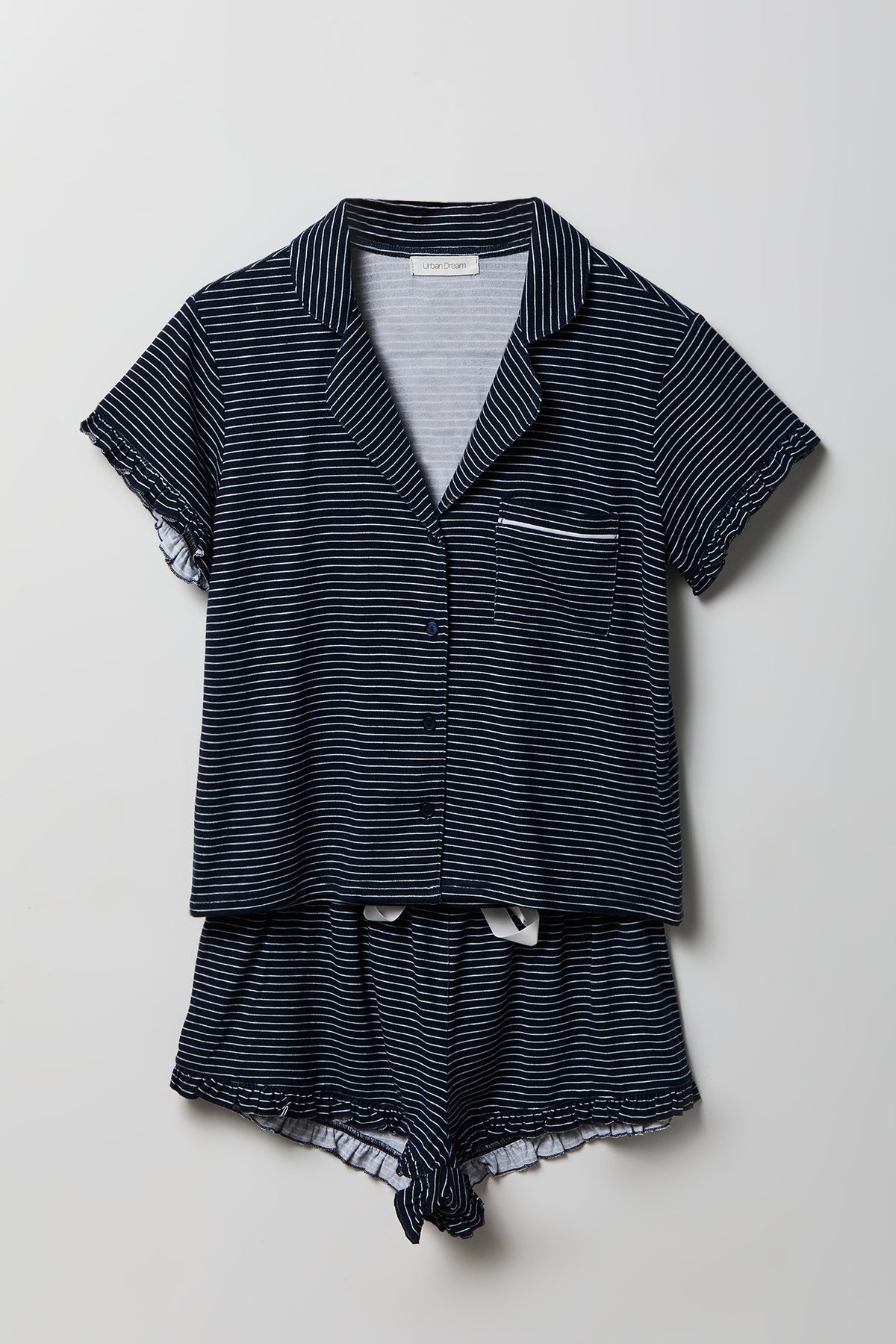 Ruffle Button-Up Top & Short Pajama Set - Navy