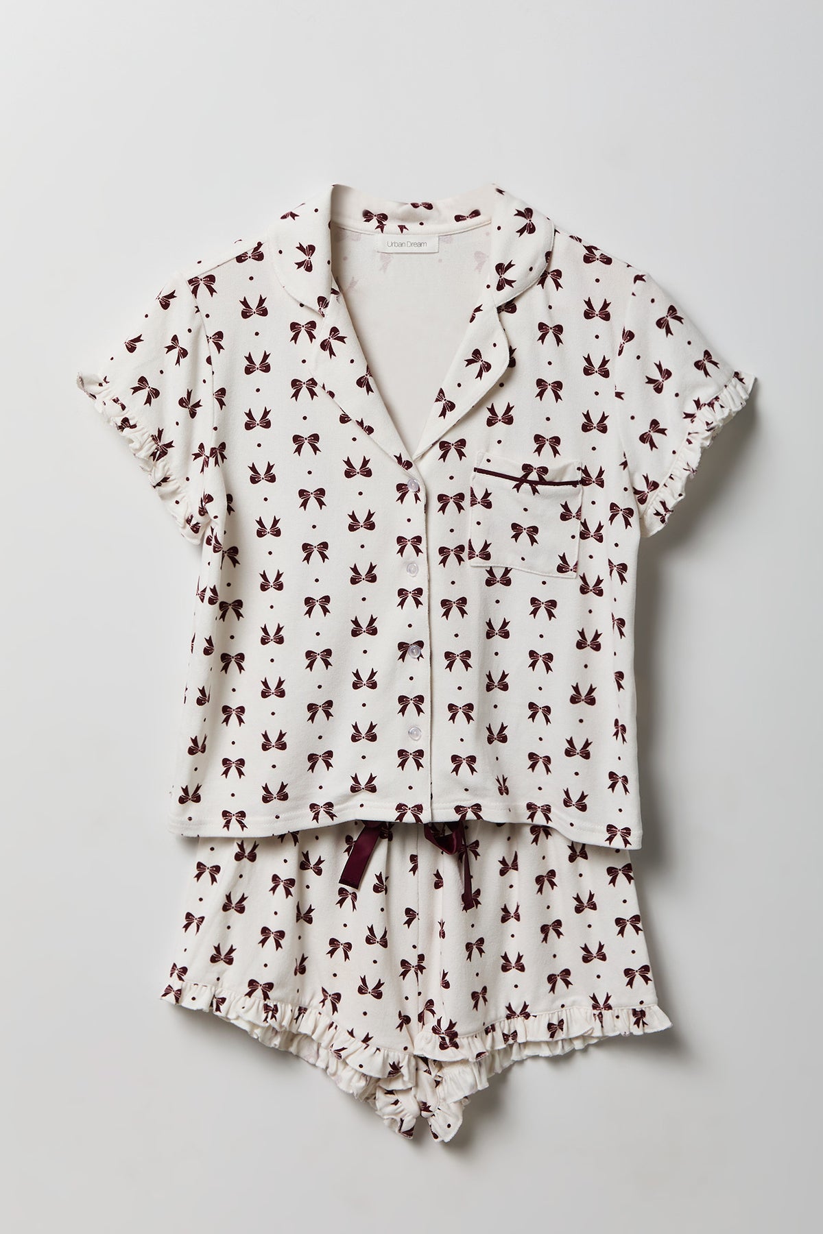 Ruffle Button-Up Top & Short Pajama Set - Burgundy