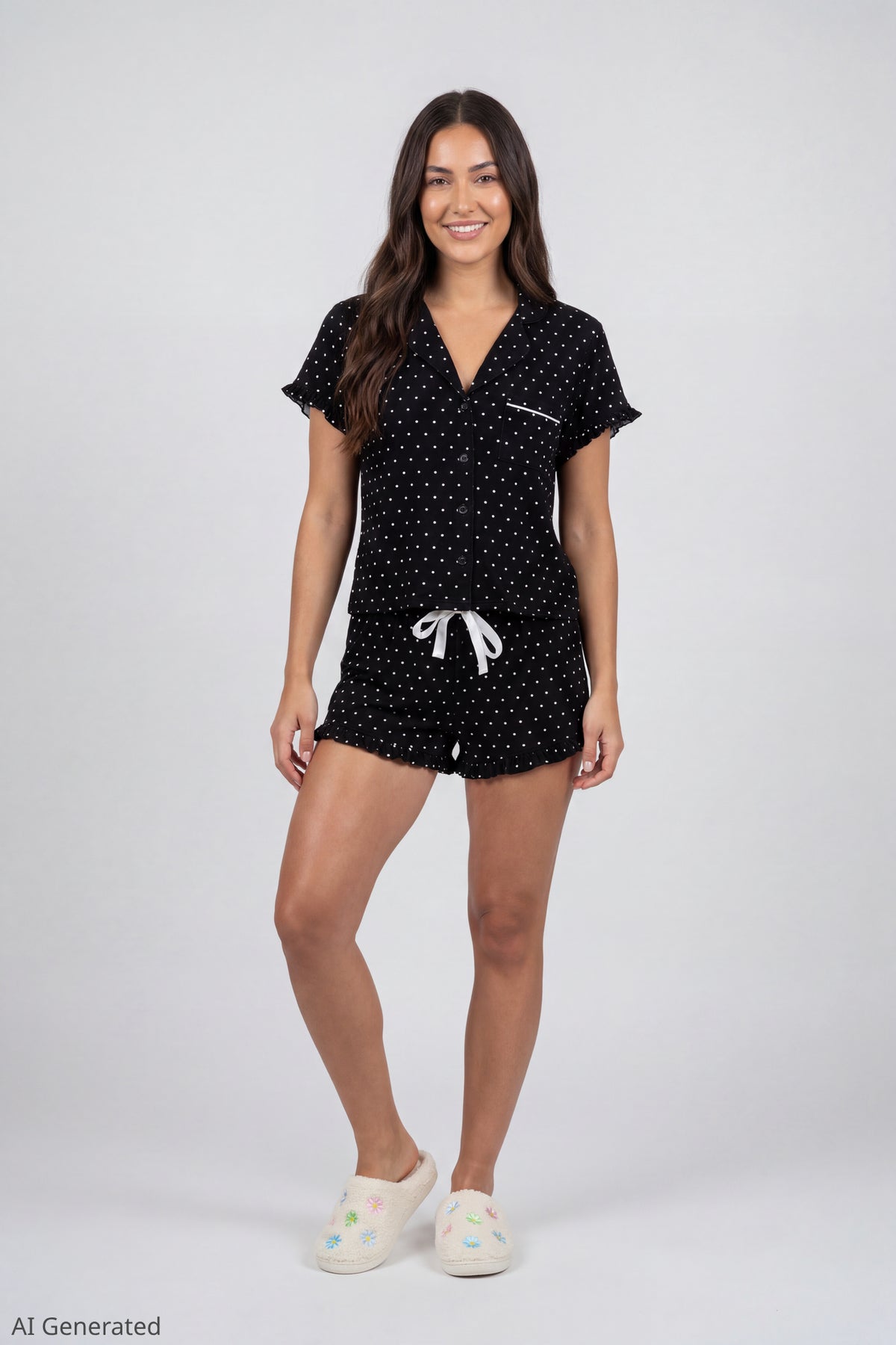 Alt View 2. Ruffle Button-Up Top & Short Pajama Set - Black