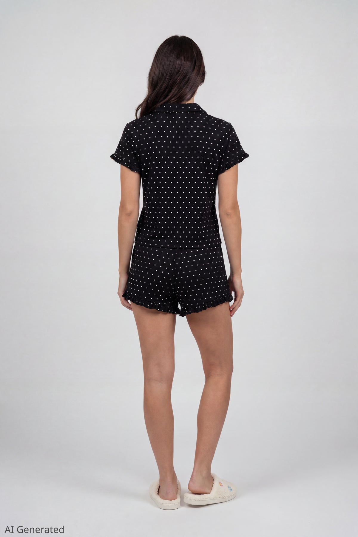 Alt View 3. Ruffle Button-Up Top & Short Pajama Set - Black