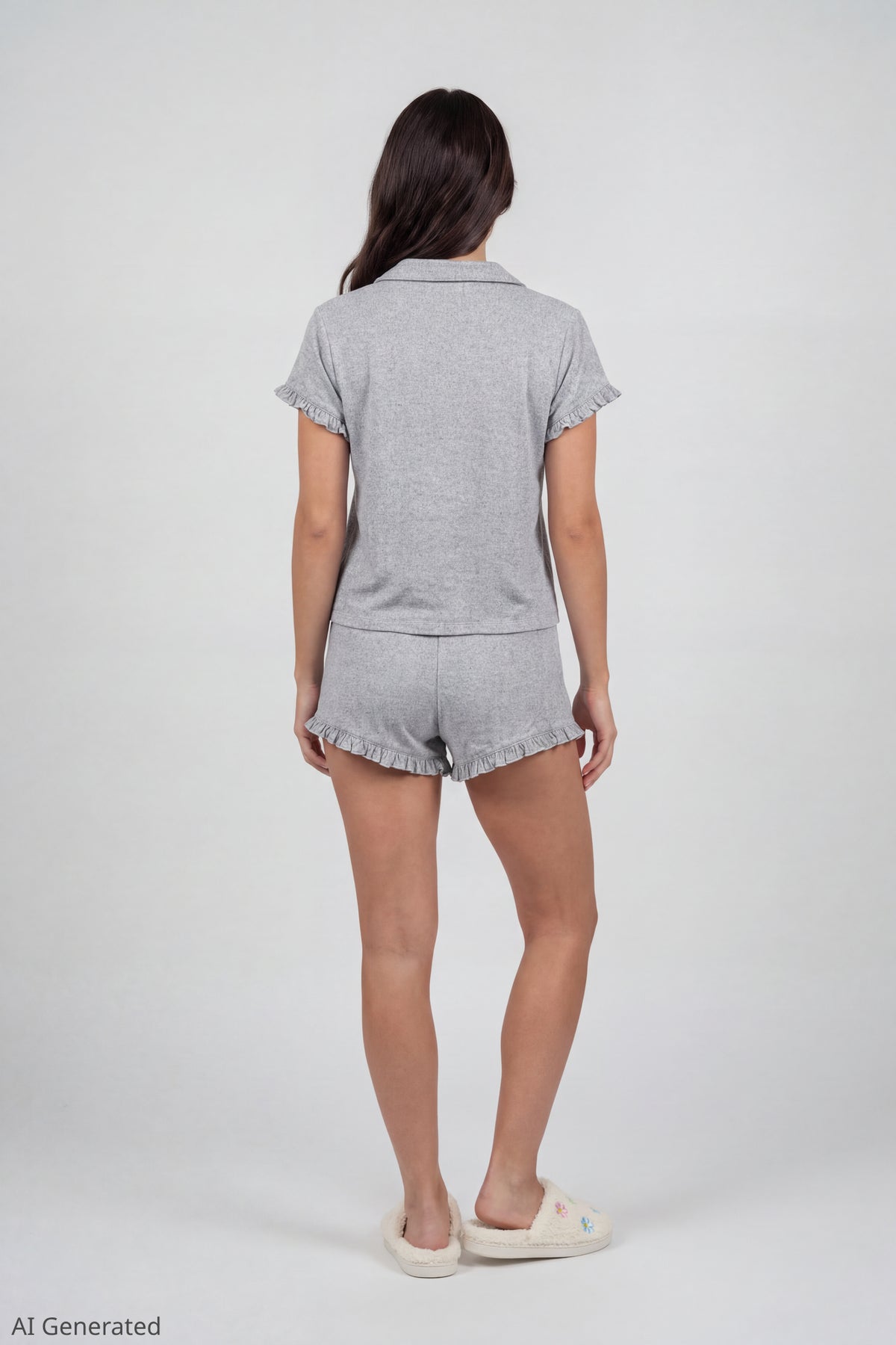 Alt View 3. Ruffle Button-Up Top & Short Pajama Set - Heather Grey