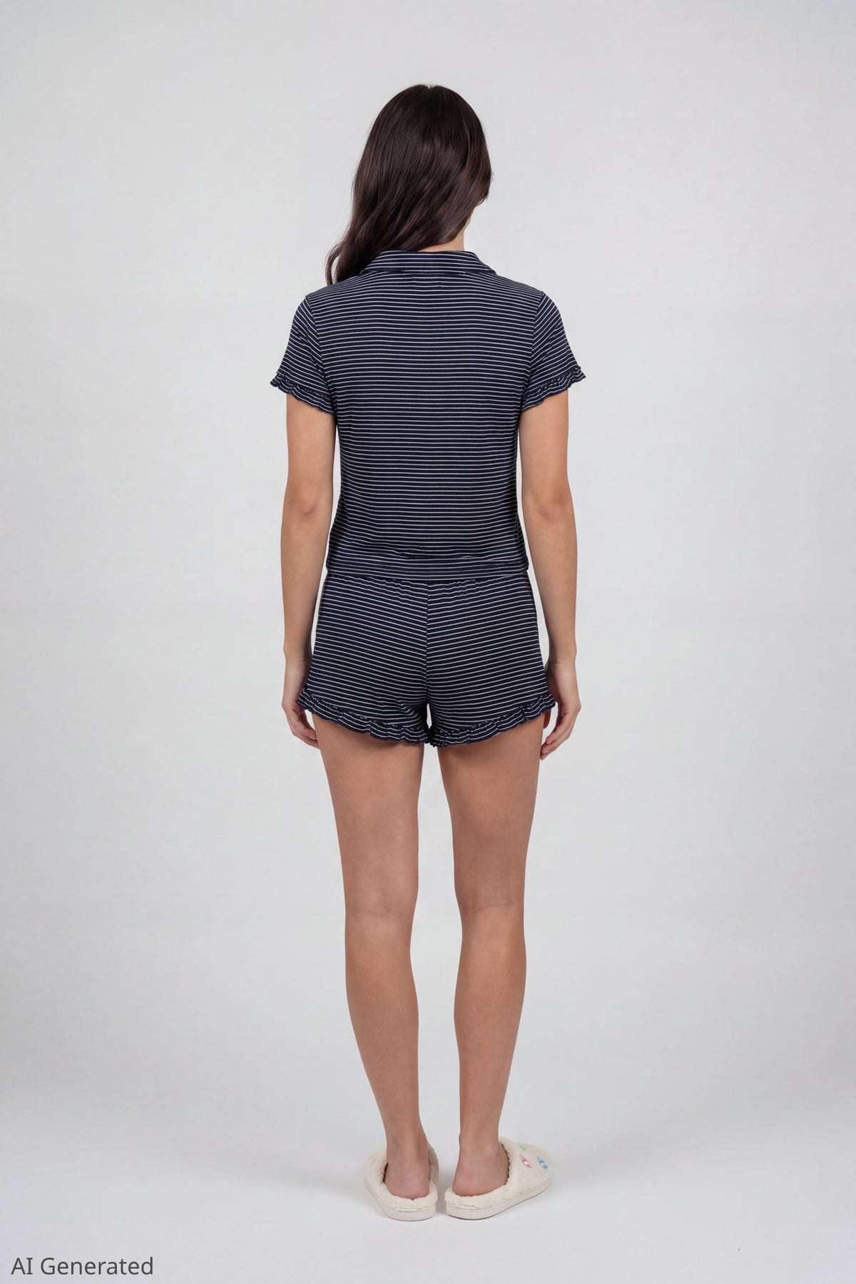 Alt View 3. Ruffle Button-Up Top & Short Pajama Set - Navy