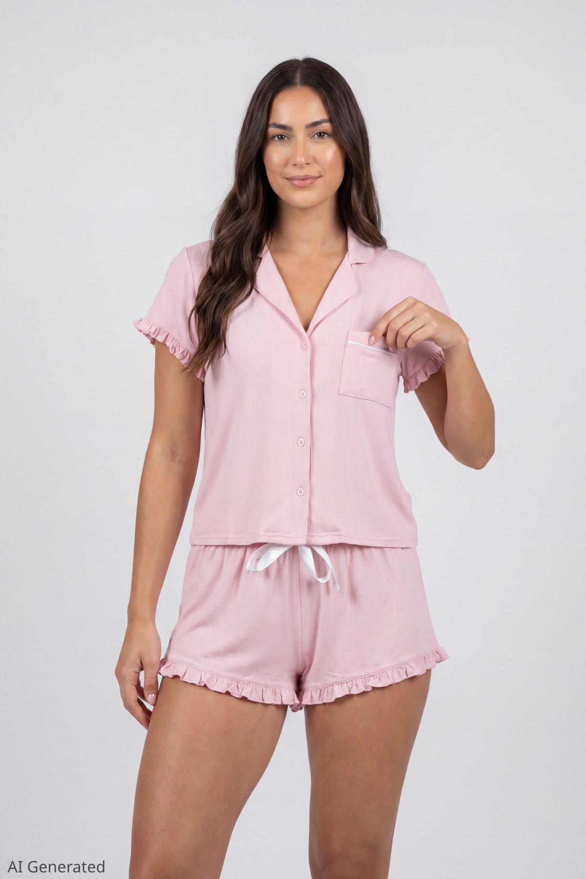 Ruffle Button-Up Top & Short Pajama Set - Pink