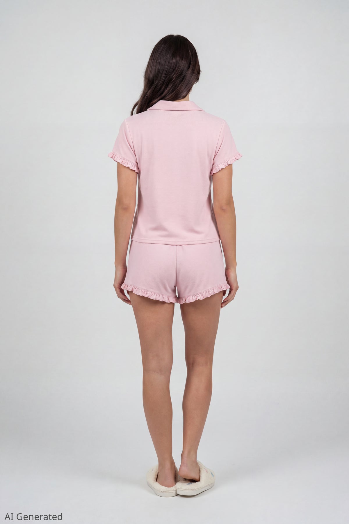 Alt View 3. Ruffle Button-Up Top & Short Pajama Set - Pink