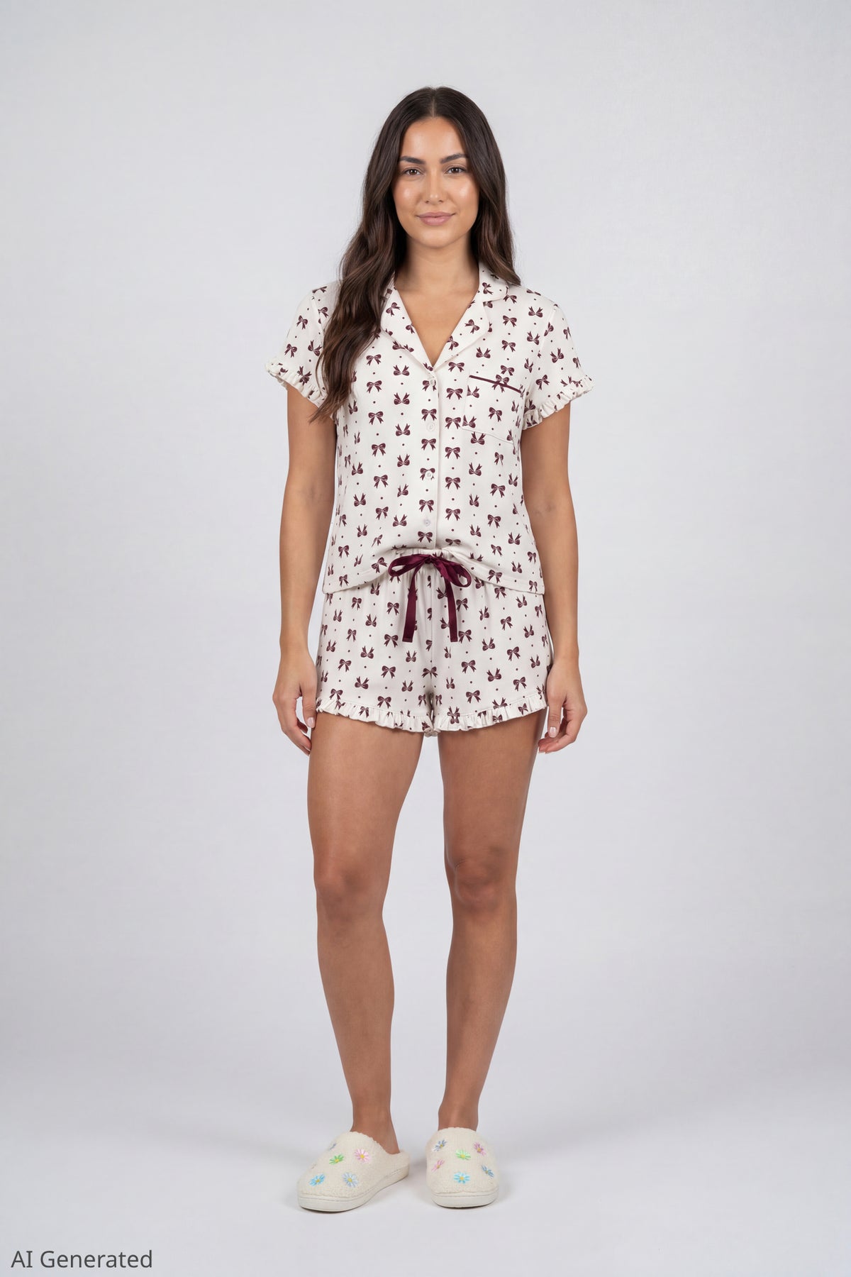 Alt View 2. Ruffle Button-Up Top & Short Pajama Set - Burgundy