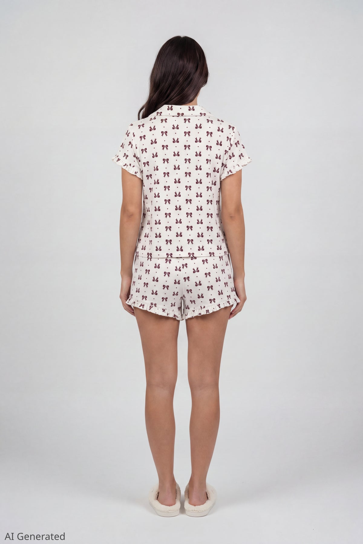 Alt View 3. Ruffle Button-Up Top & Short Pajama Set - Burgundy