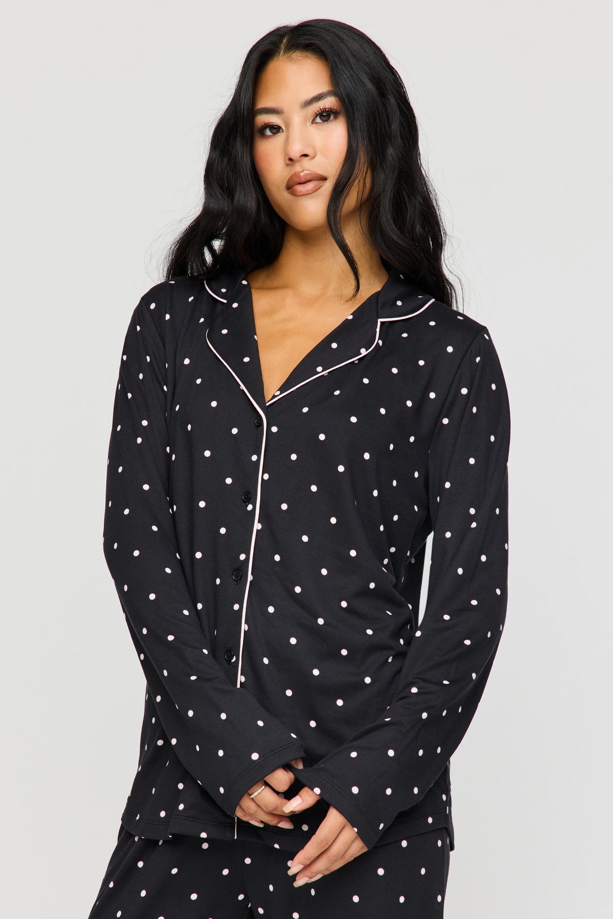 Alt View 2. Button-Up Long Sleeve Top & Pant Pajama Set - Black