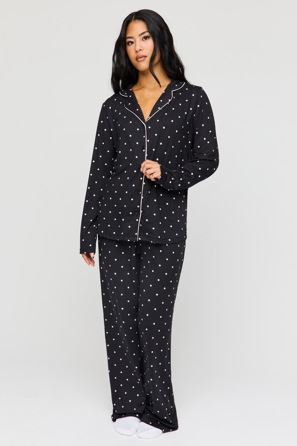 Button-Up Long Sleeve Top & Pant Pajama Set - Black
