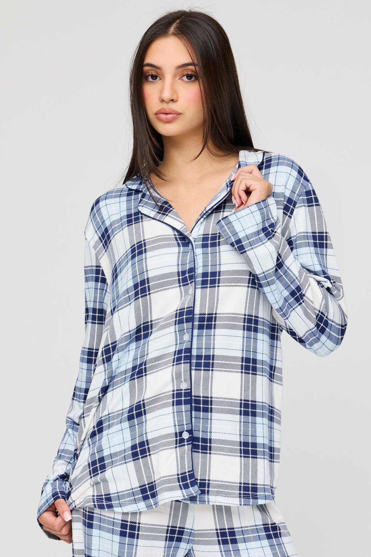 Alt View 2. Button-Up Long Sleeve Top & Pant Pajama Set - Blue