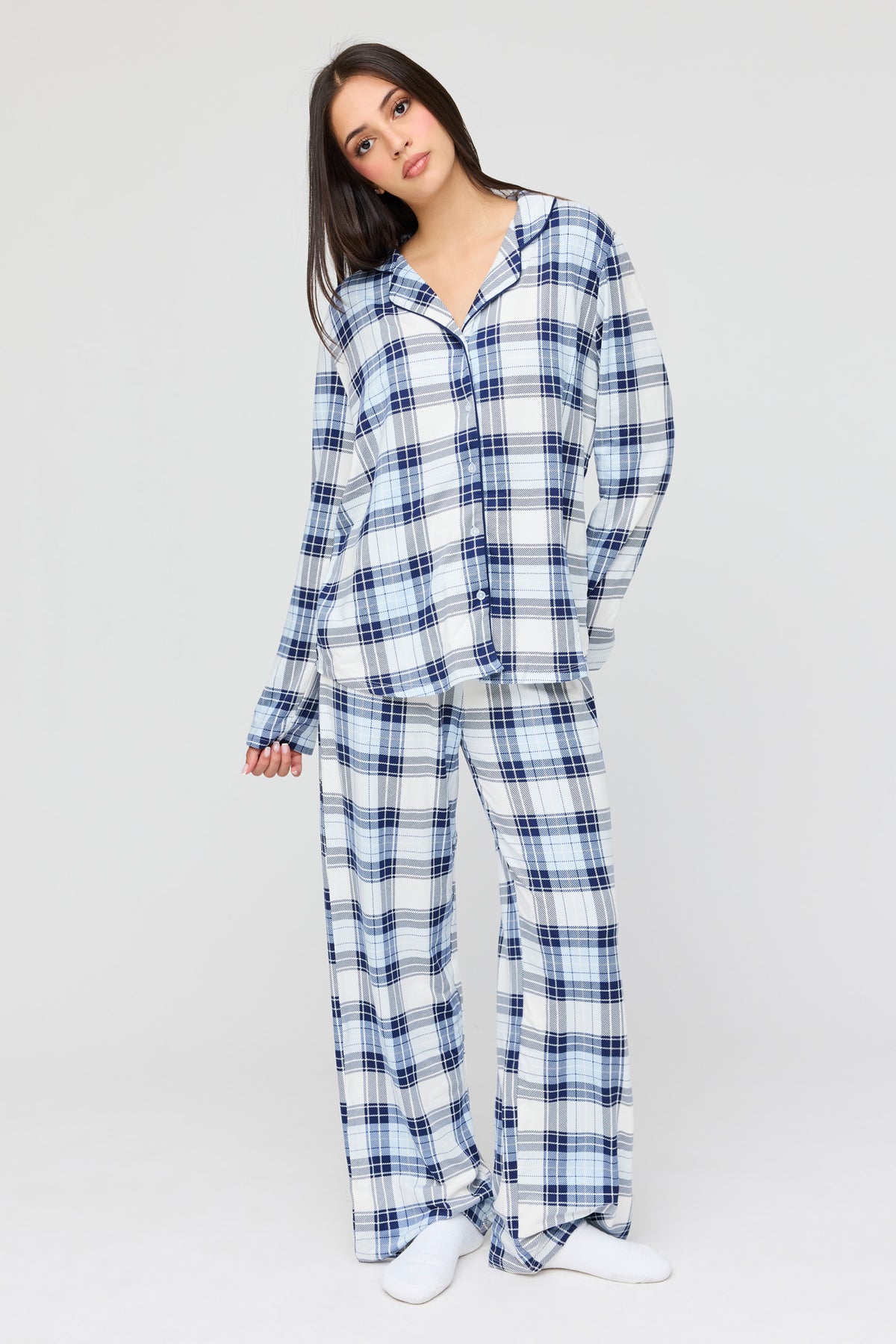 Button-Up Long Sleeve Top & Pant Pajama Set - Blue