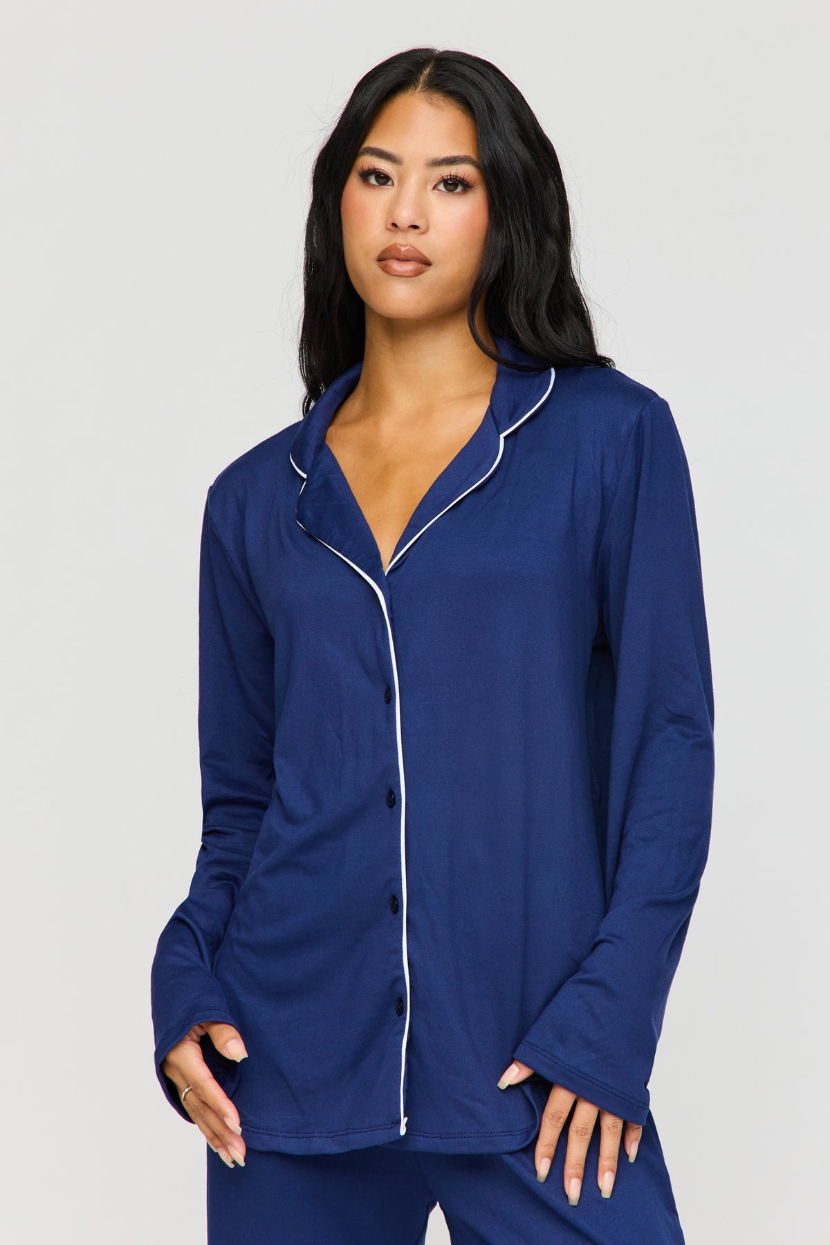 Alt View 2. Button-Up Long Sleeve Top & Pant Pajama Set - Navy