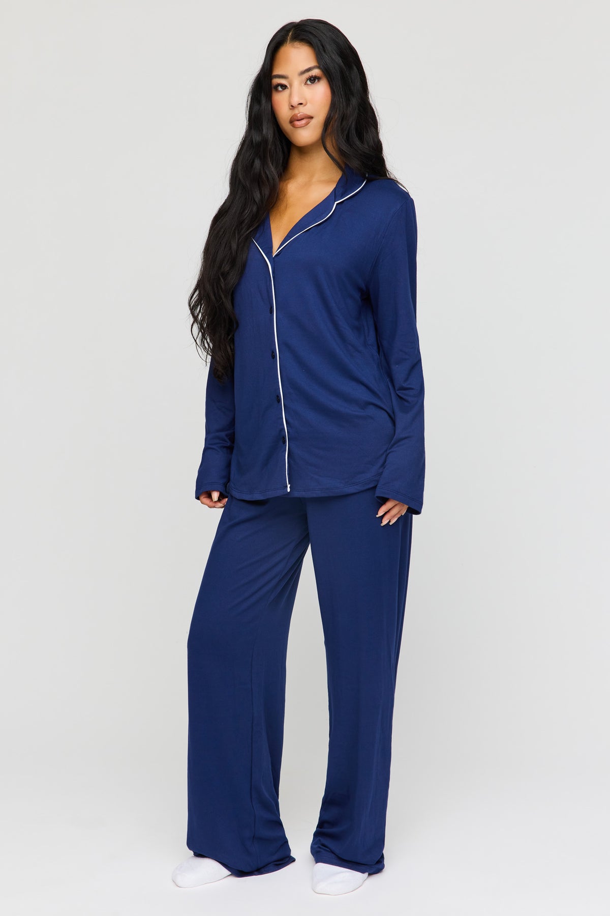 Button-Up Long Sleeve Top & Pant Pajama Set - Navy