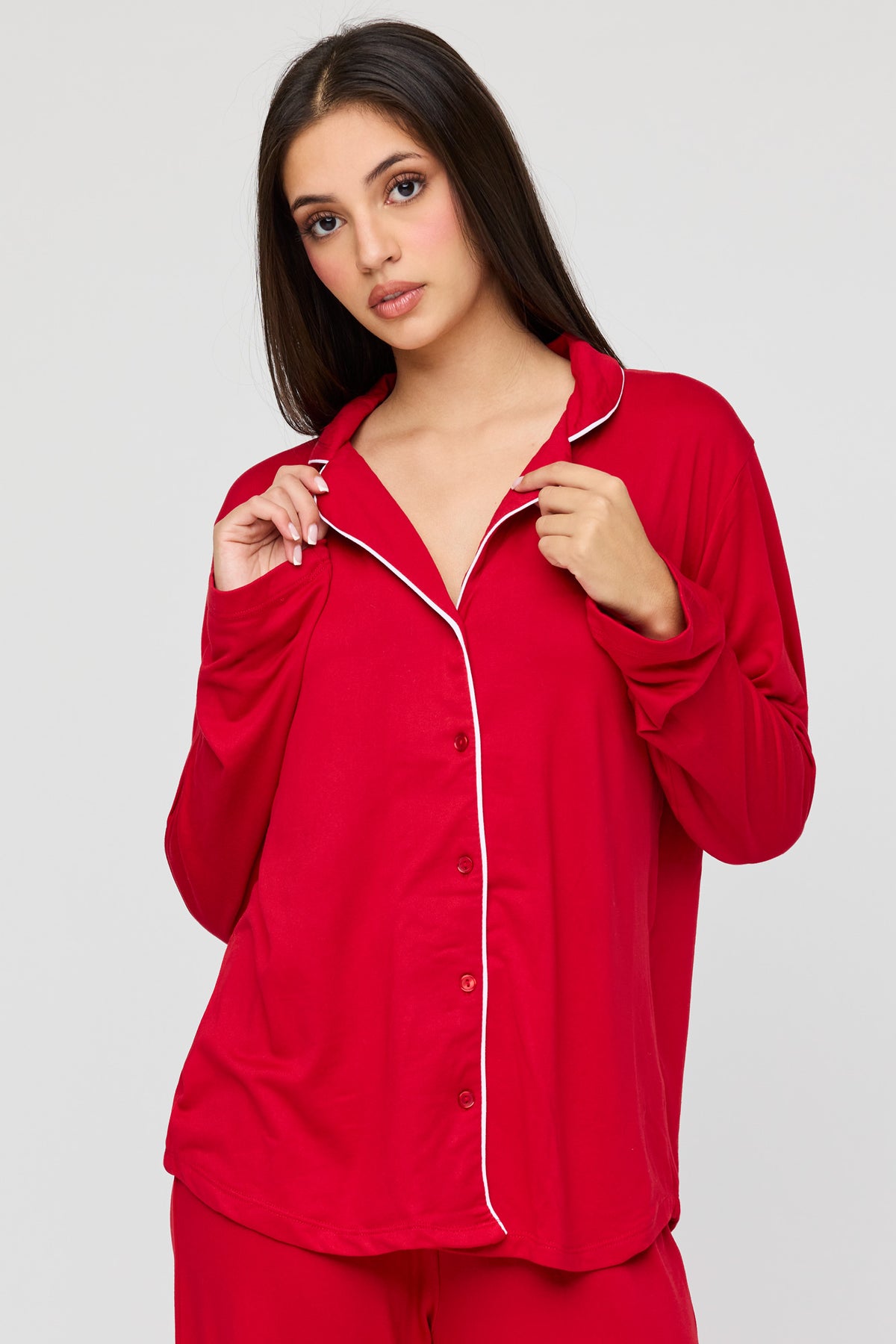 Alt View 2. Button-Up Long Sleeve Top & Pant Pajama Set - Red