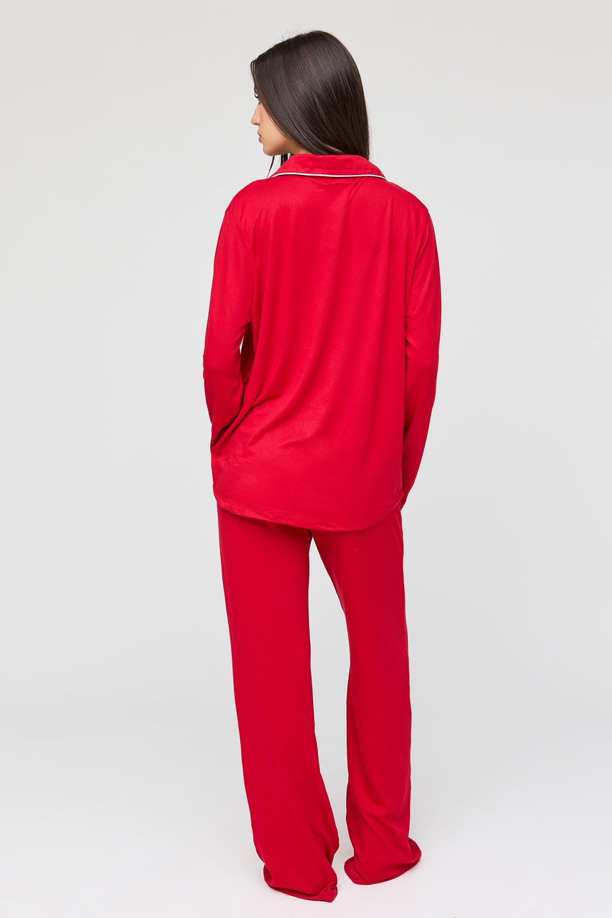 Alt View 4. Button-Up Long Sleeve Top & Pant Pajama Set - Red