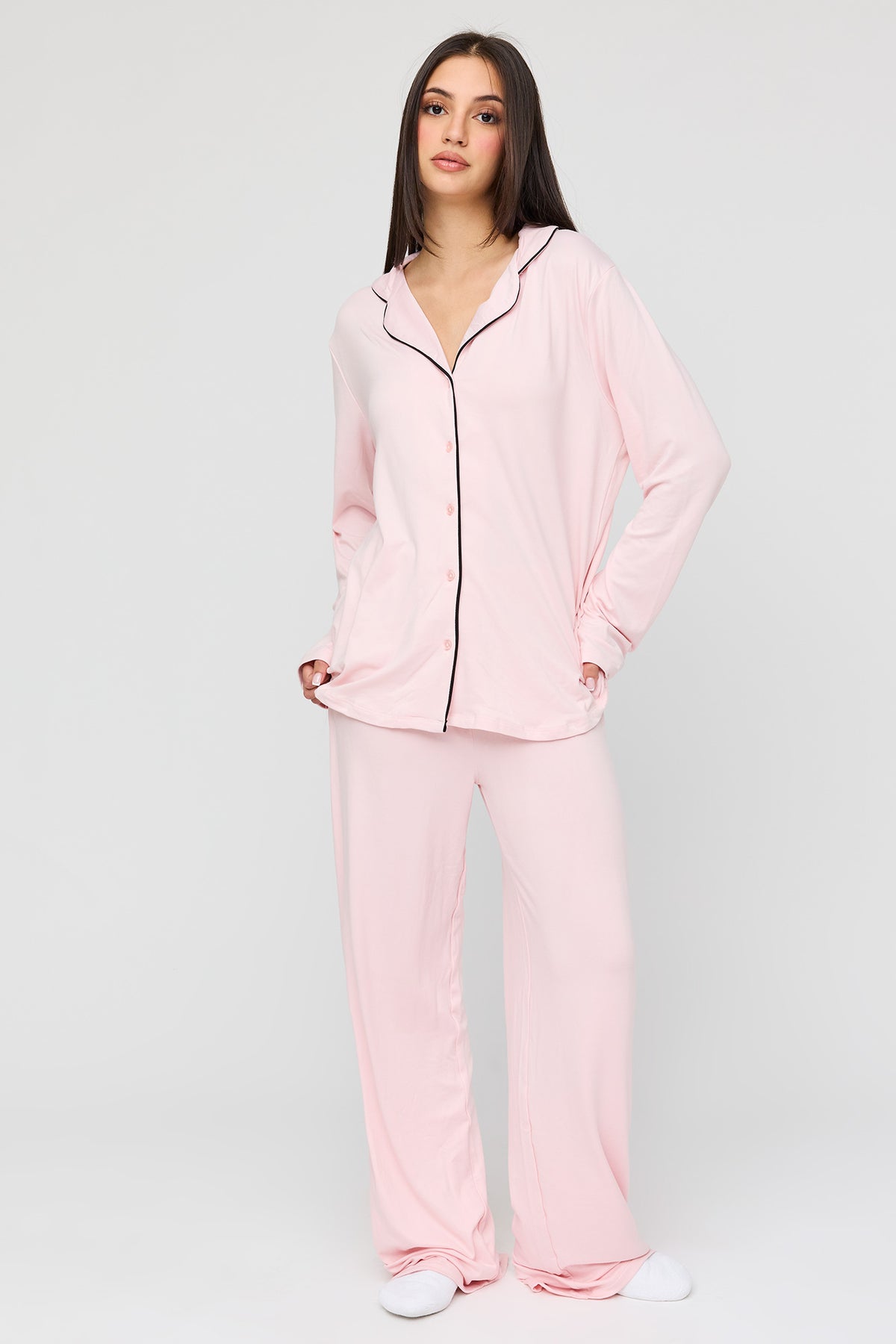 Button-Up Long Sleeve Top & Pant Pajama Set - Pink