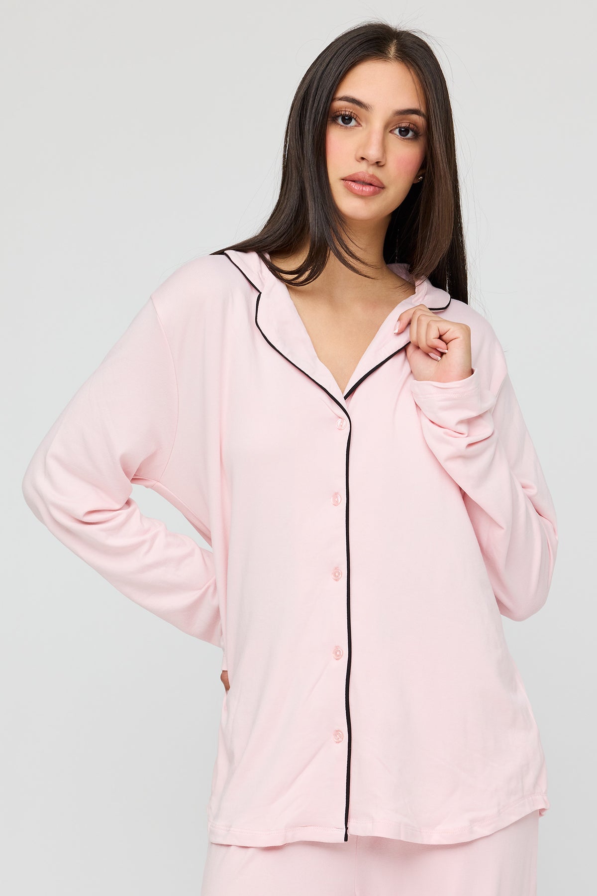 Alt View 2. Button-Up Long Sleeve Top & Pant Pajama Set - Pink