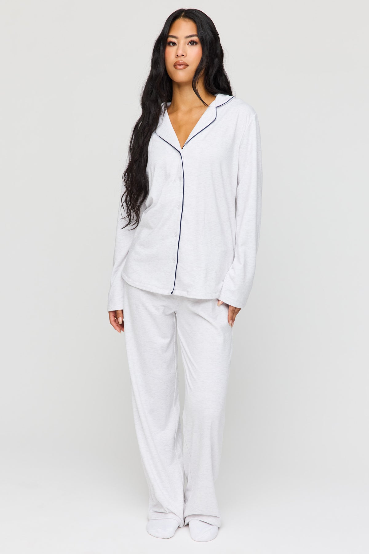 Button-Up Long Sleeve Top & Pant Pajama Set - Grey Blue
