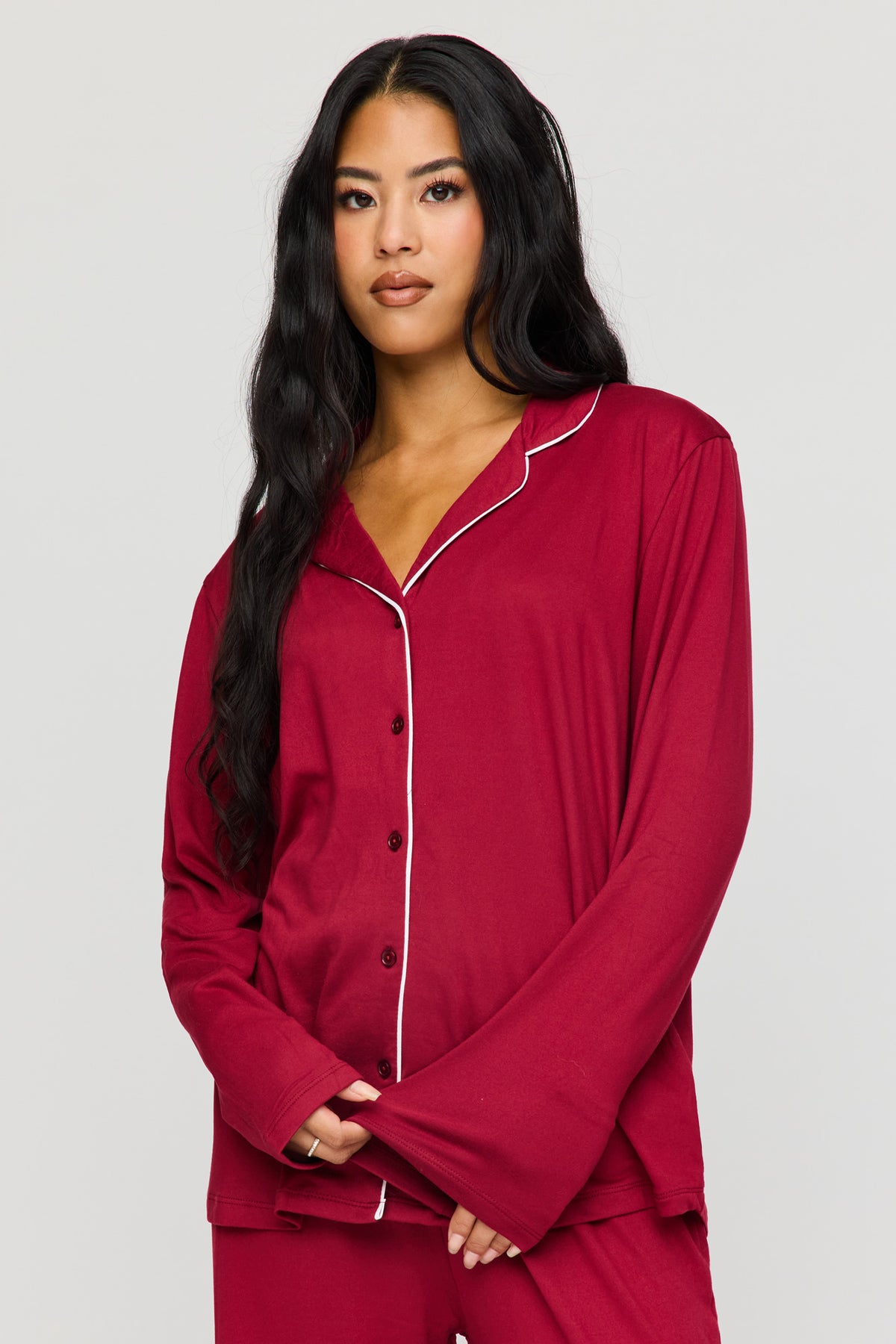 Alt View 2. Button-Up Long Sleeve Top & Pant Pajama Set - Burgundy