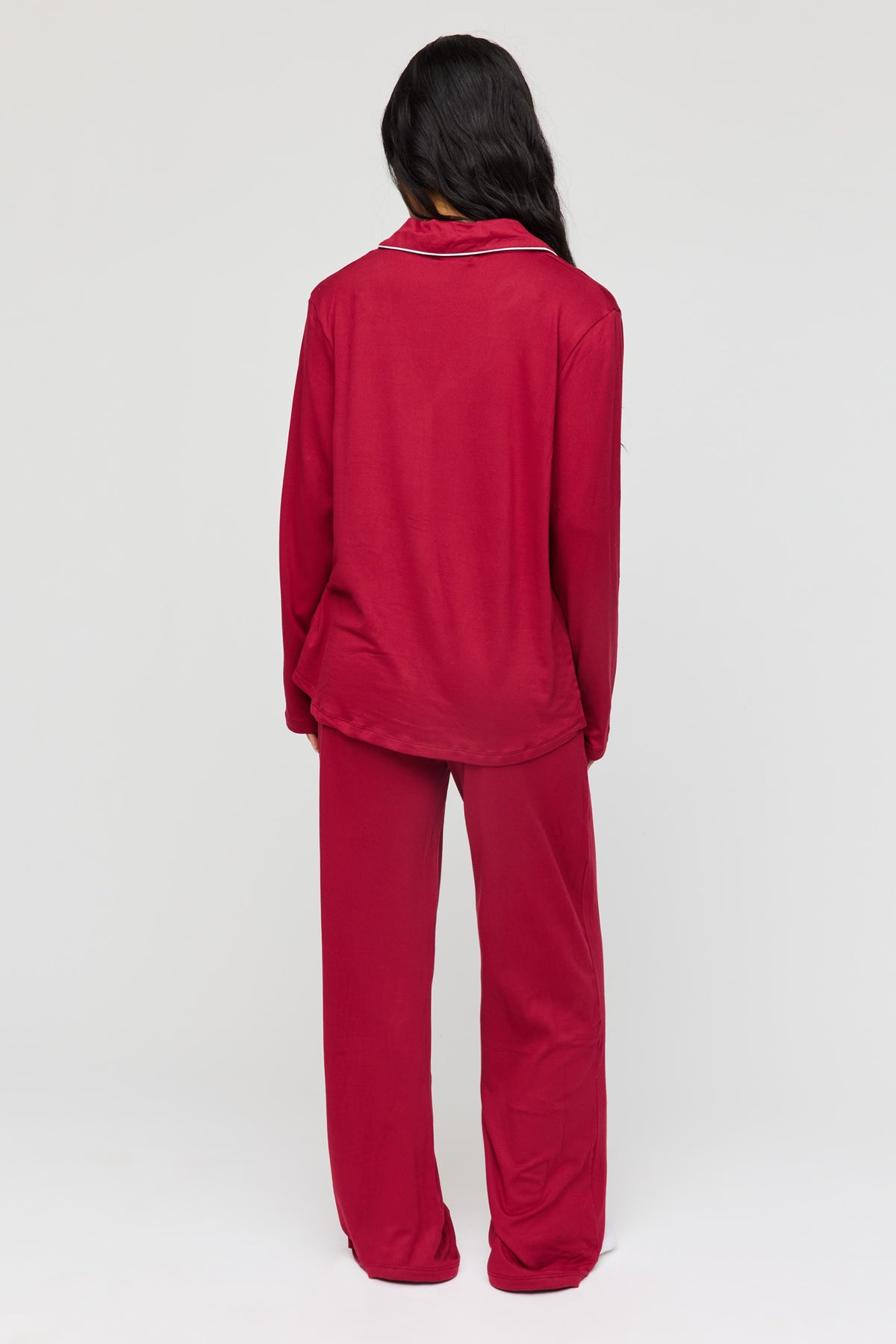 Alt View 4. Button-Up Long Sleeve Top & Pant Pajama Set - Burgundy