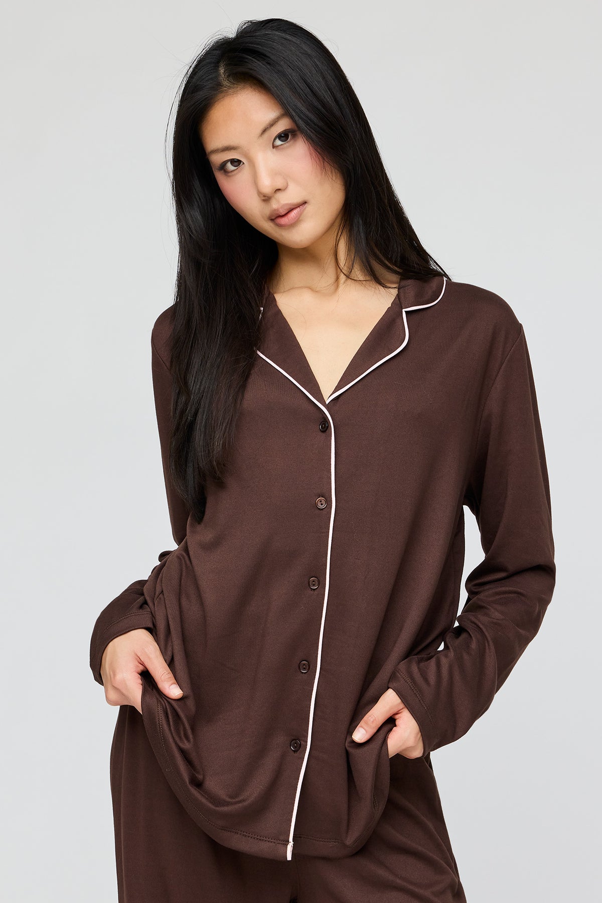 Alt View 2. Button-Up Top & Pant Pajama Set - Brown