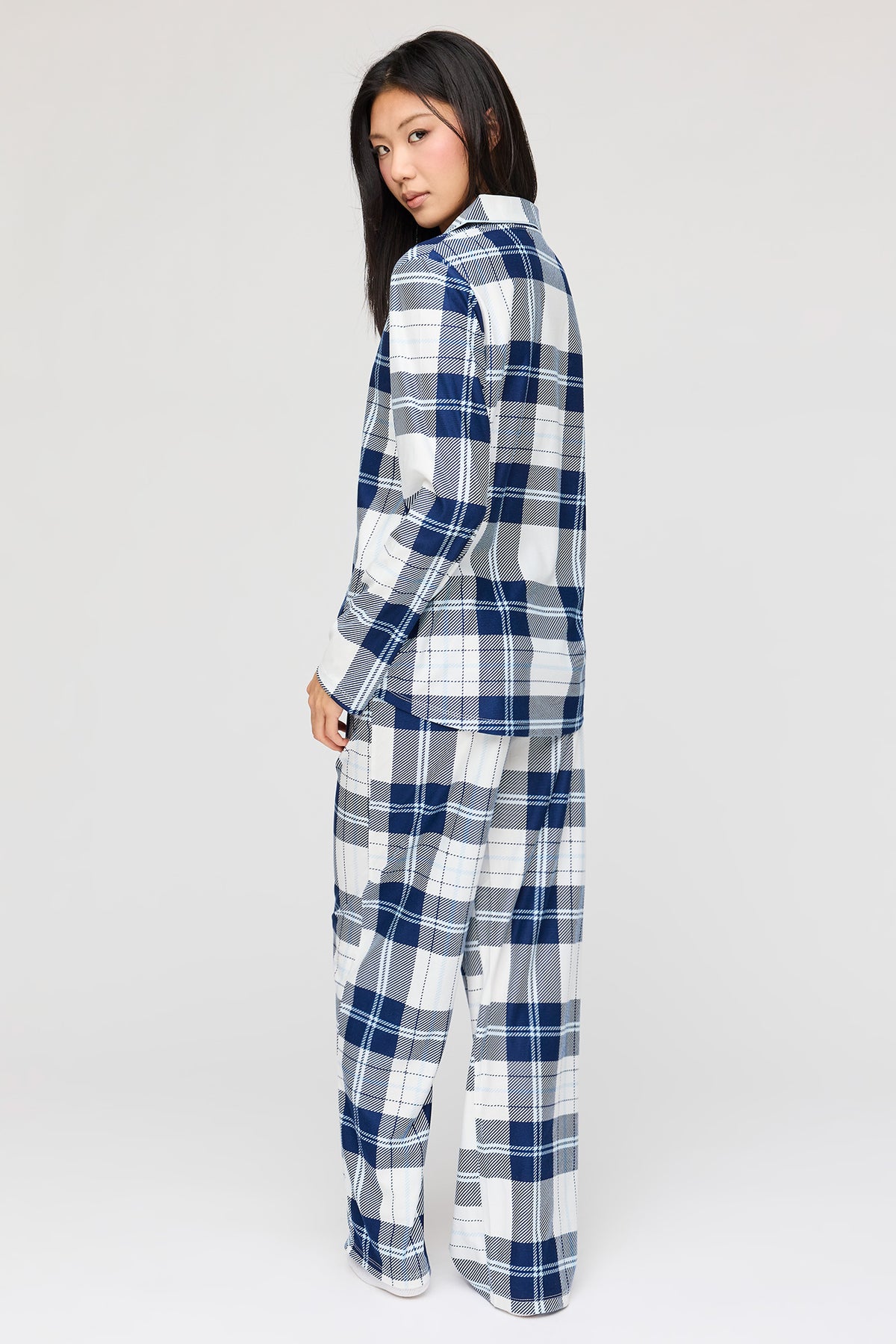 Alt View 4. Flannel Button-Up Long Sleeve Top & Pant Pajama Set - White