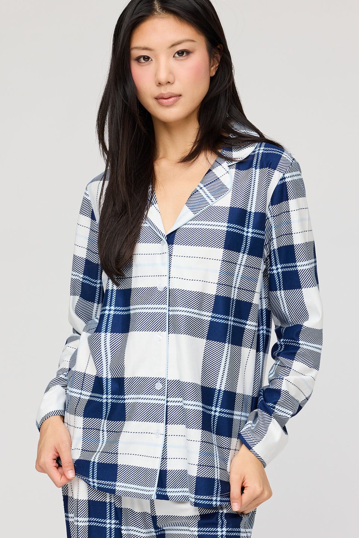 Alt View 2. Flannel Button-Up Long Sleeve Top & Pant Pajama Set - White