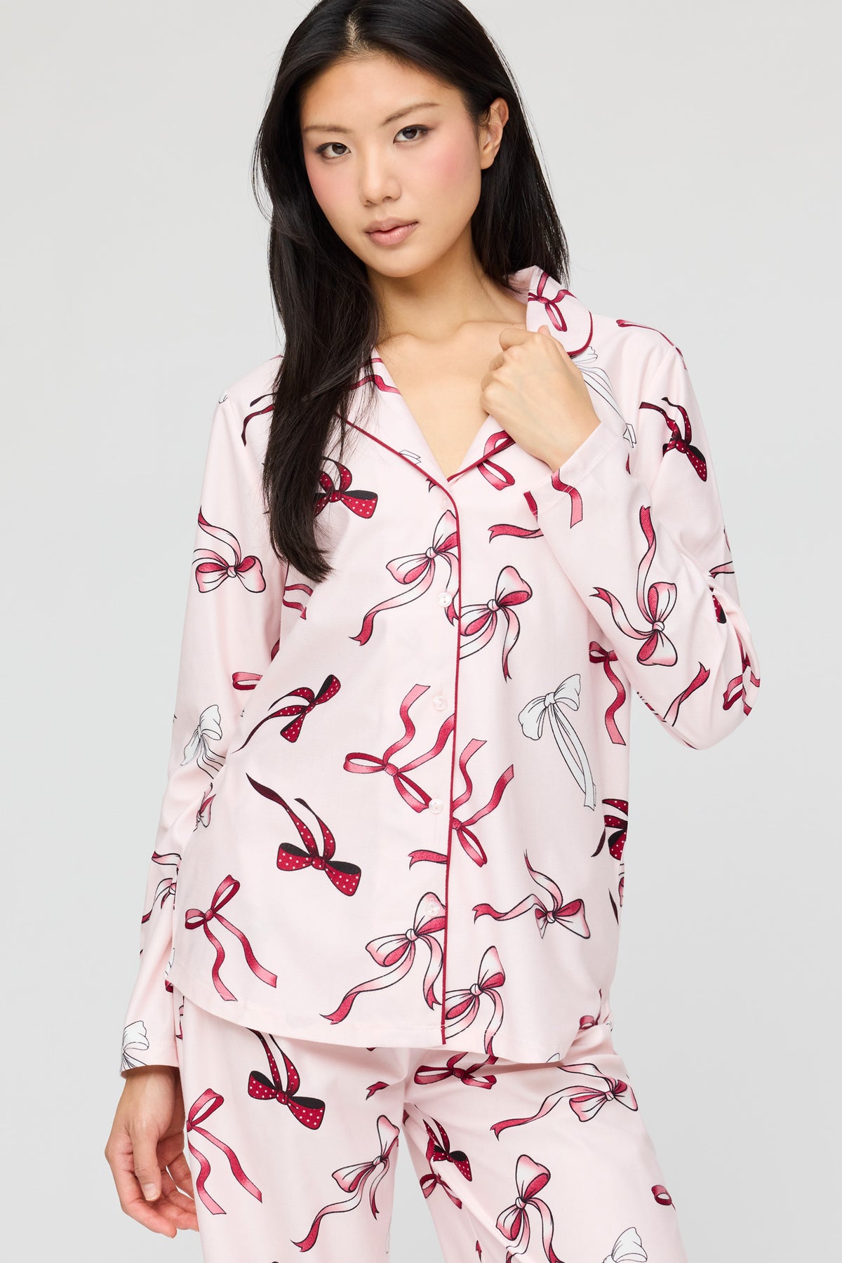 Alt View 2. Flannel Button-Up Long Sleeve Top & Pant Pajama Set - Light Pink