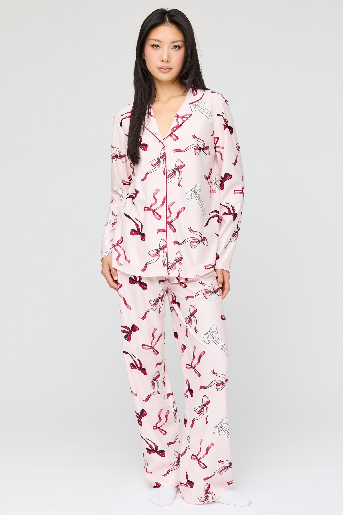 Flannel Button-Up Long Sleeve Top & Pant Pajama Set - Light Pink