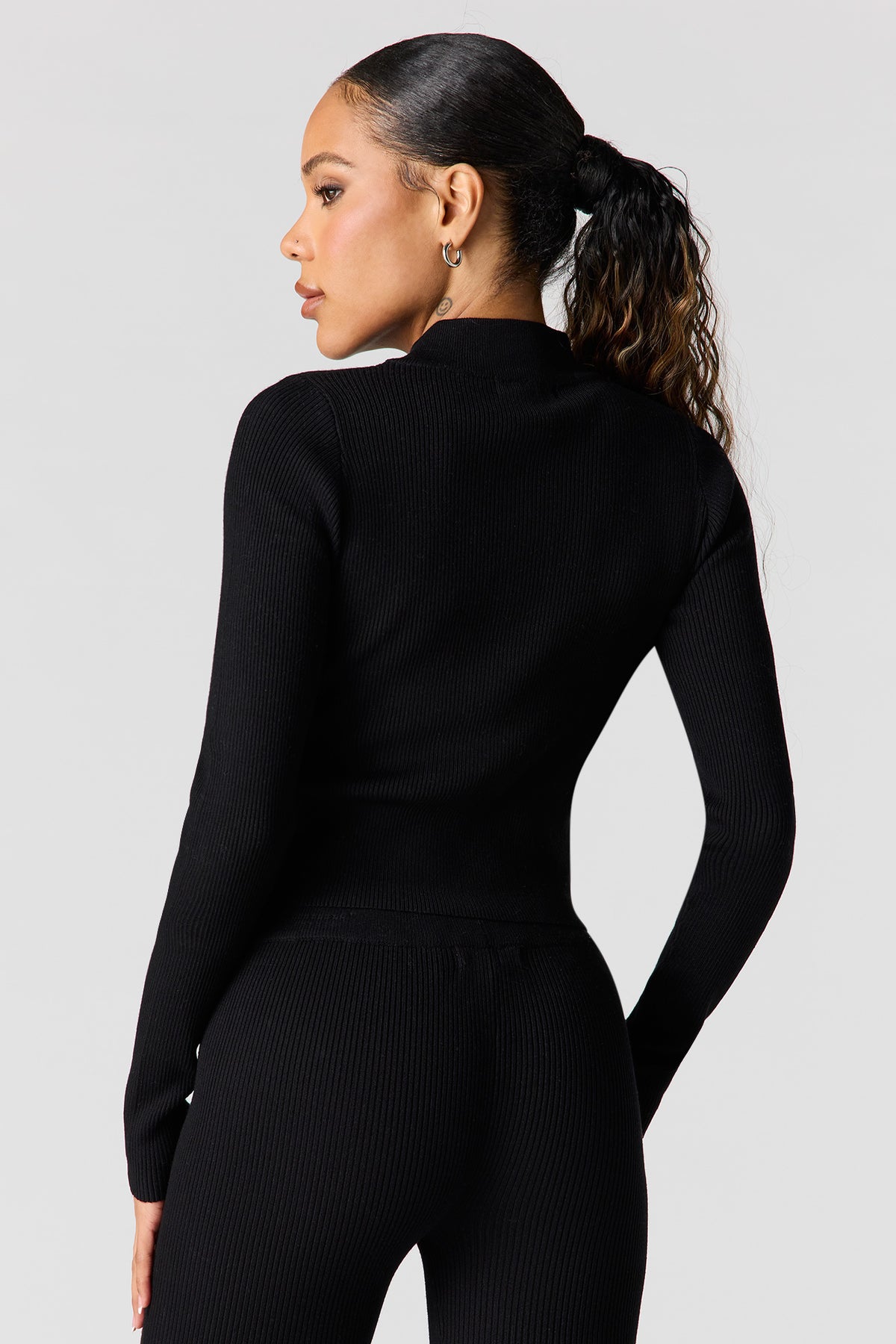 Alt View 2. Ribbed 2-Way Zip-Up Long Sleeve Top - Black